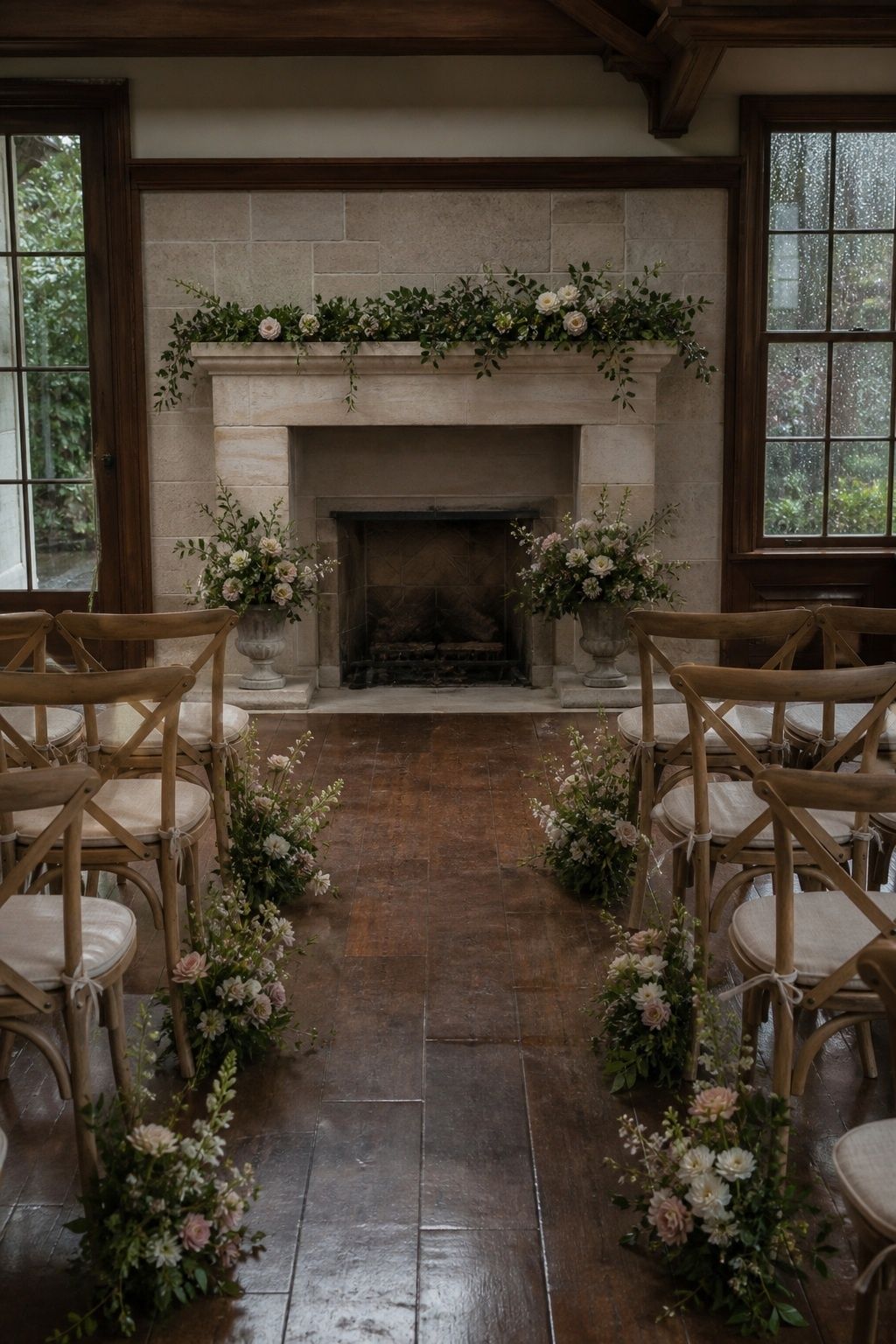 Wide interior view of intimate rainy-day wedding ceremony facing a pale stone mantel with loose spring garland and two low flower urns, three tidy chair rows and clear center aisle, rain visible at side window