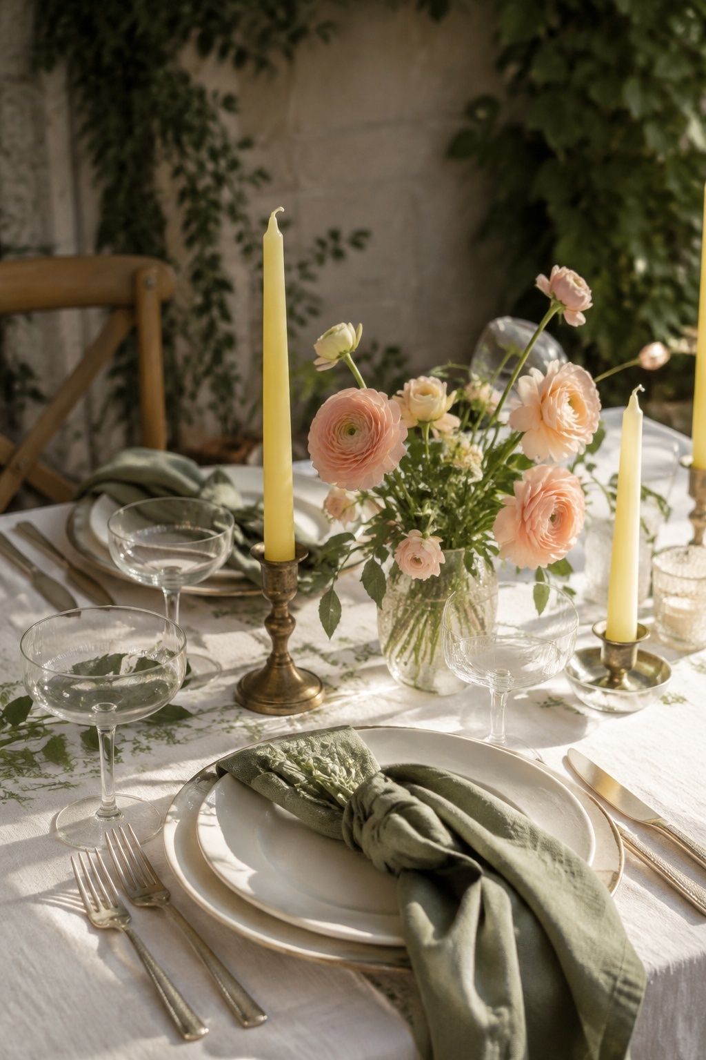 Butter yellow candles, blush flowers and sage napkins at a garden wedding table