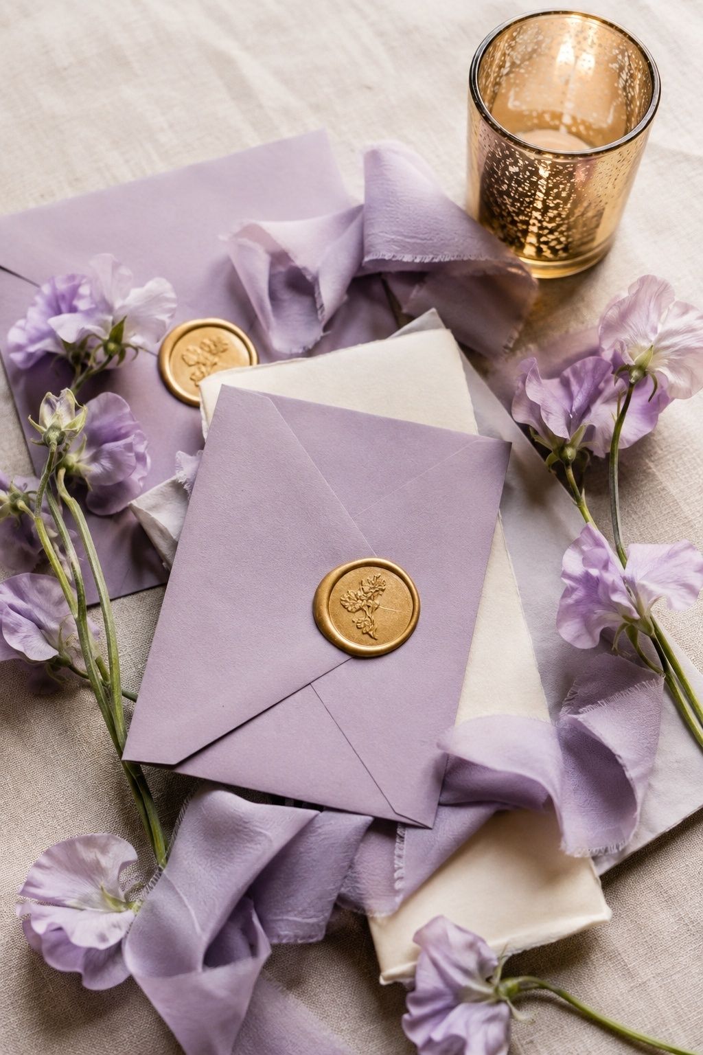 Lavender wedding envelopes with honey gold wax seals on ivory linen
