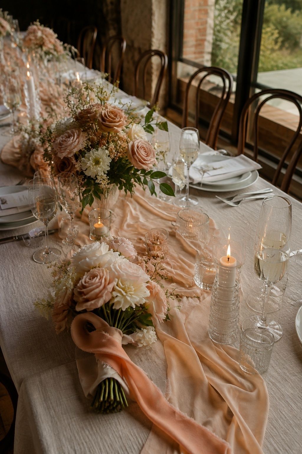 Peach bouquet ribbon and rose flowers beside a champagne table runner