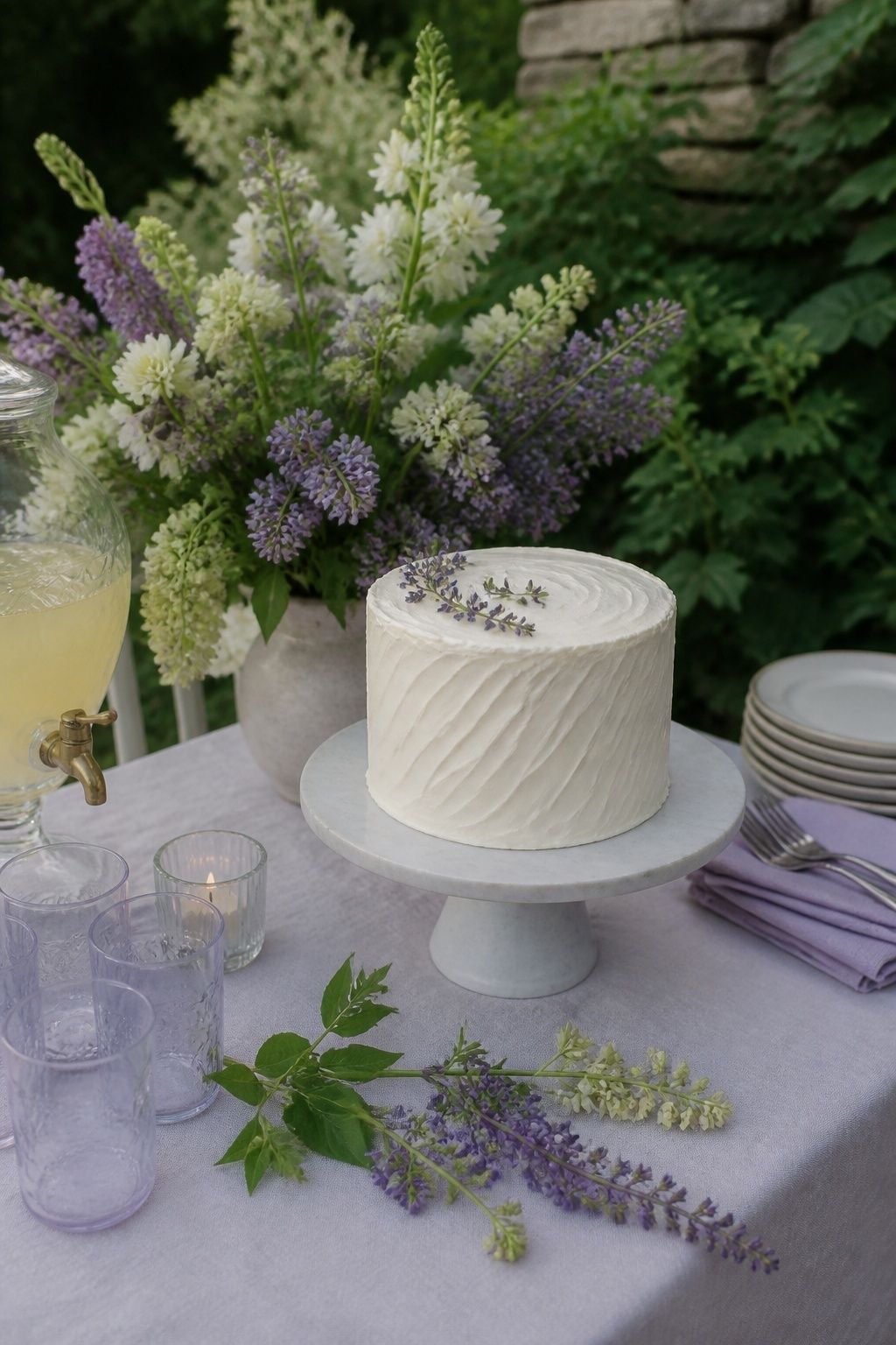 Cream wedding cake with lilac flowers and pale green foliage