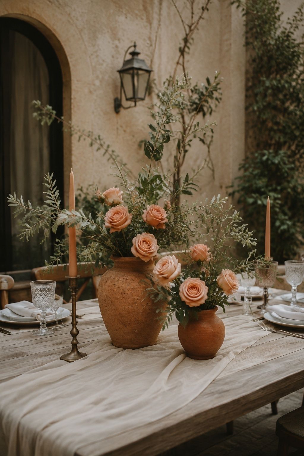 Terracotta vases holding peach roses and sage foliage on a patio table