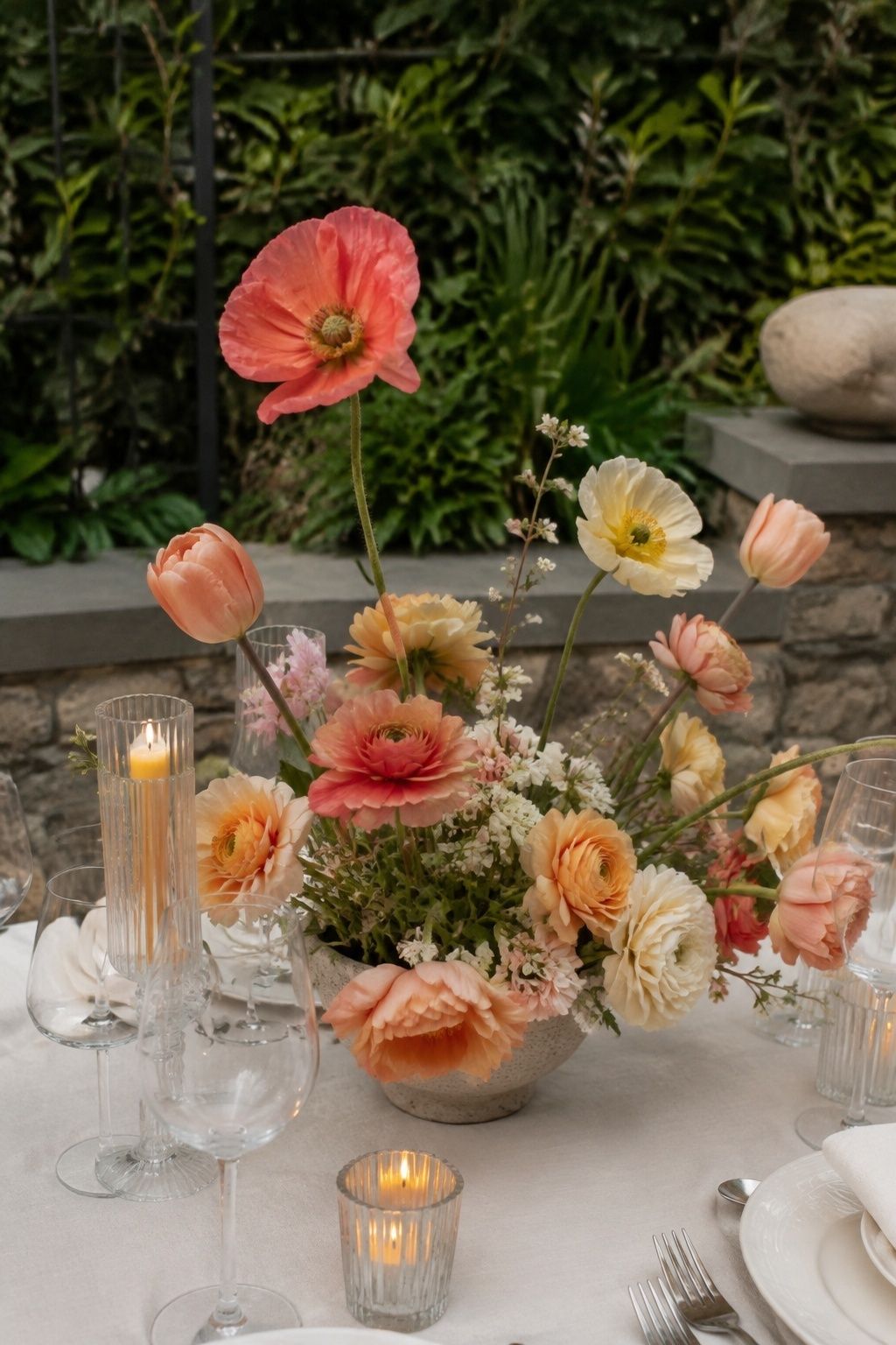 Coral and apricot wedding flowers with warm cream blooms