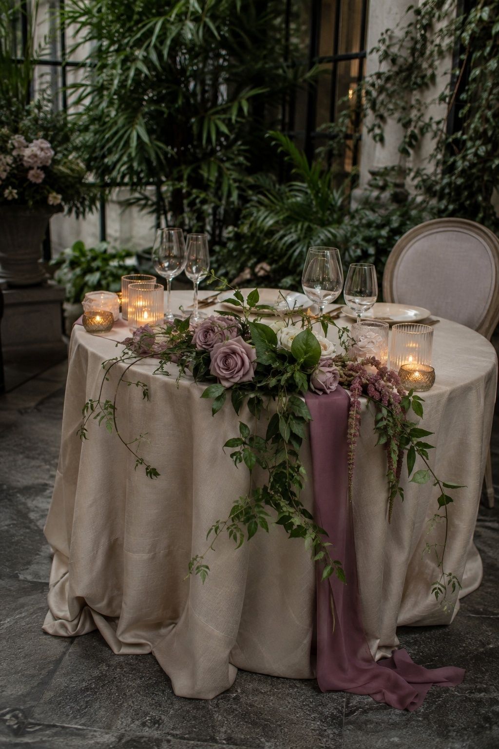 Mauve roses and greenery on a champagne sweetheart table