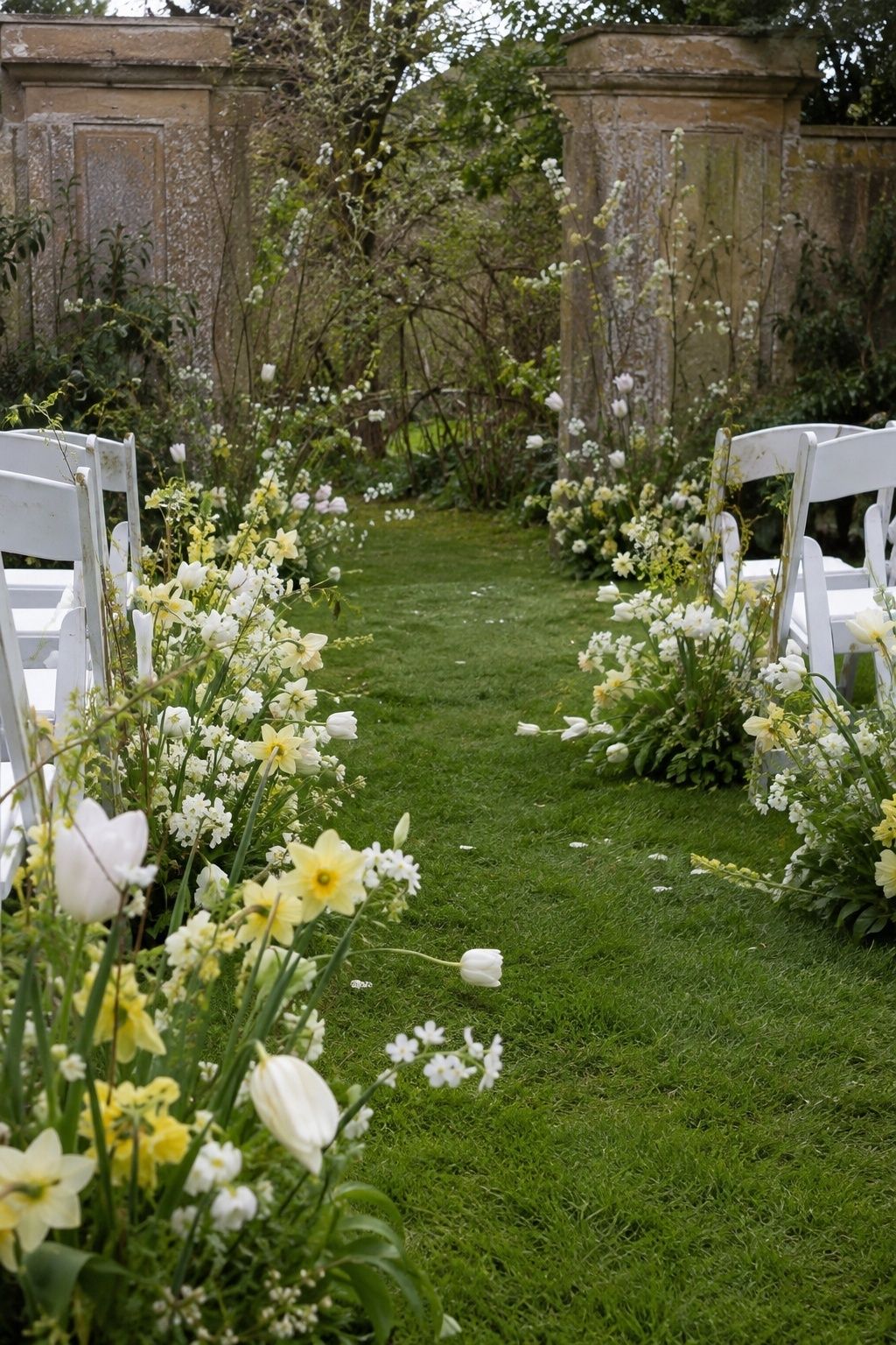 Pale yellow and white flowers lining a green garden ceremony aisle