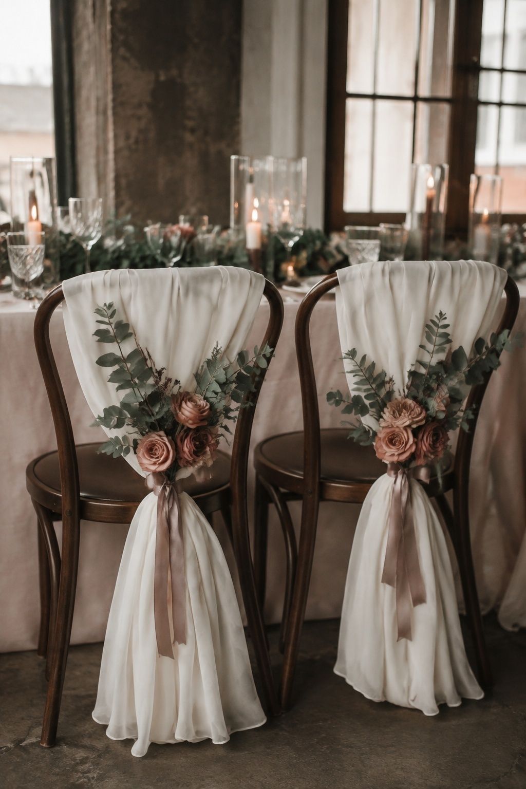 Ivory wedding chair drapes with dusty rose flowers and eucalyptus