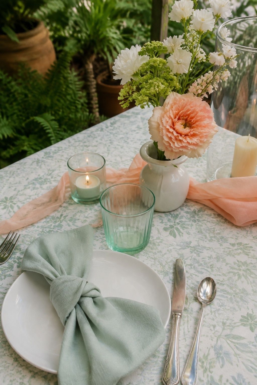 Mint wedding napkin and glass with peach flowers at a greenhouse brunch
