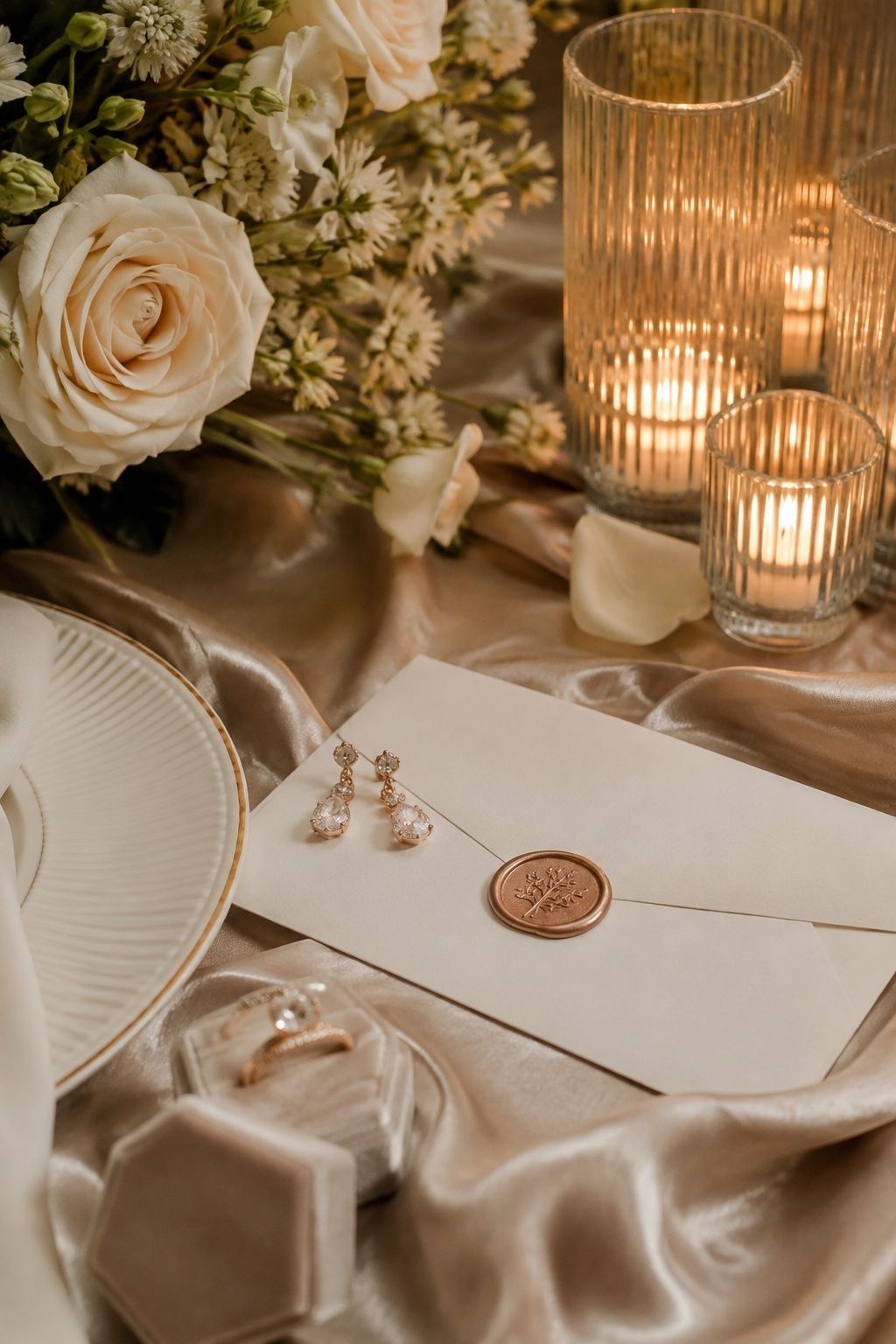Rose gold jewelry and wax seal beside ivory flowers and champagne satin