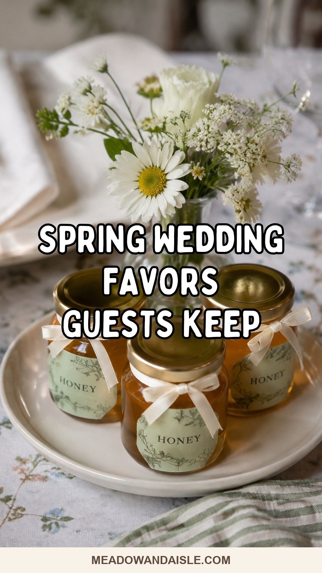 Spring wedding favors with honey jars and garden details