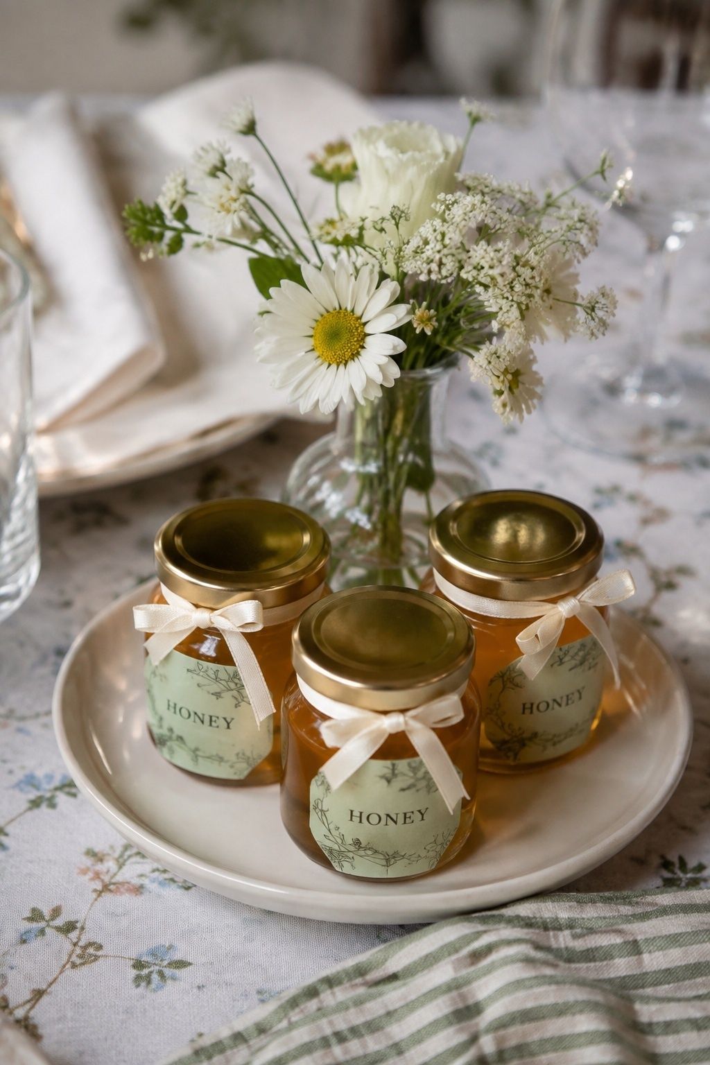 Mini honey jars with soft garden labels
