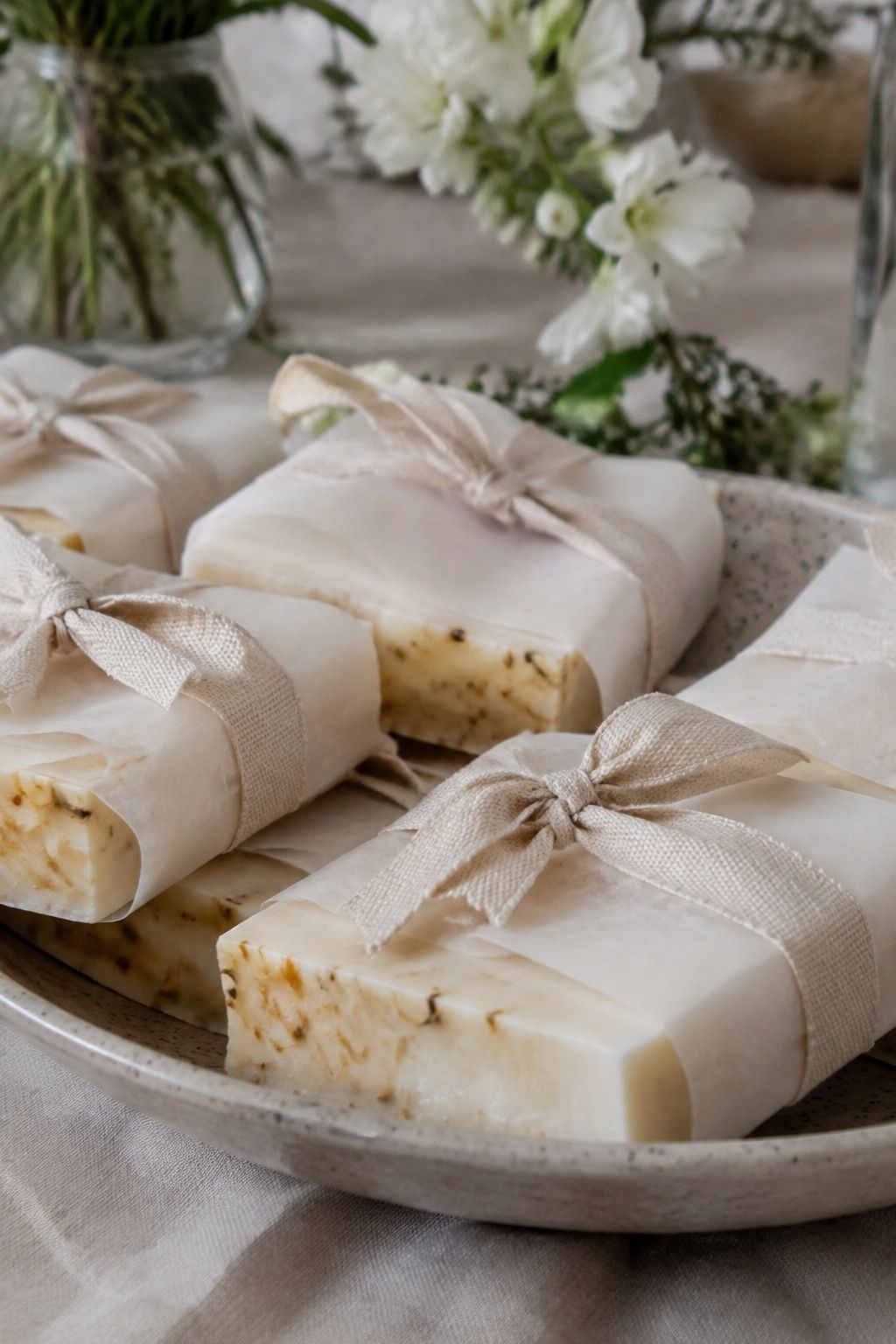 Botanical soap wrapped in paper or linen