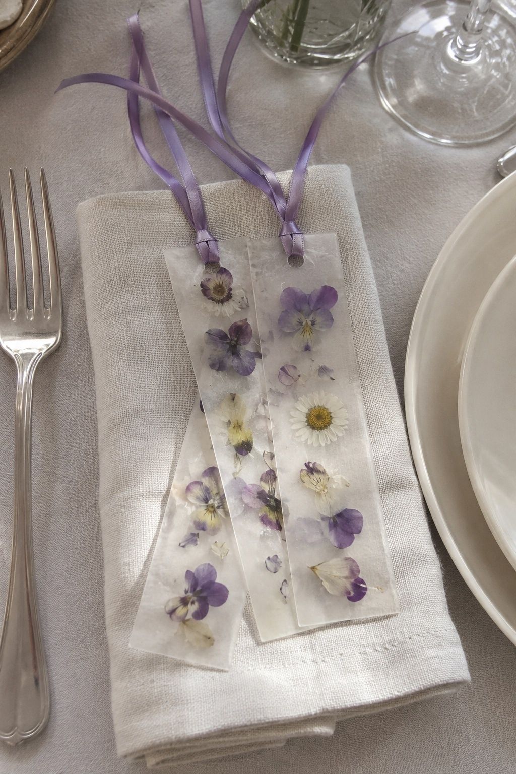Pressed flower bookmarks as keepsake favors
