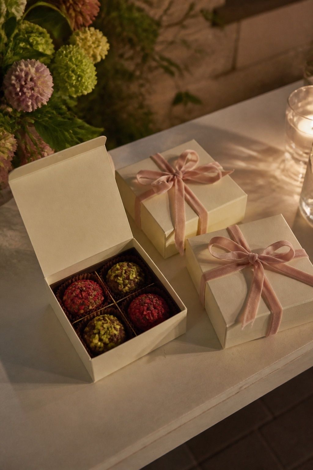 Local chocolate with spring fruit or floral flavors