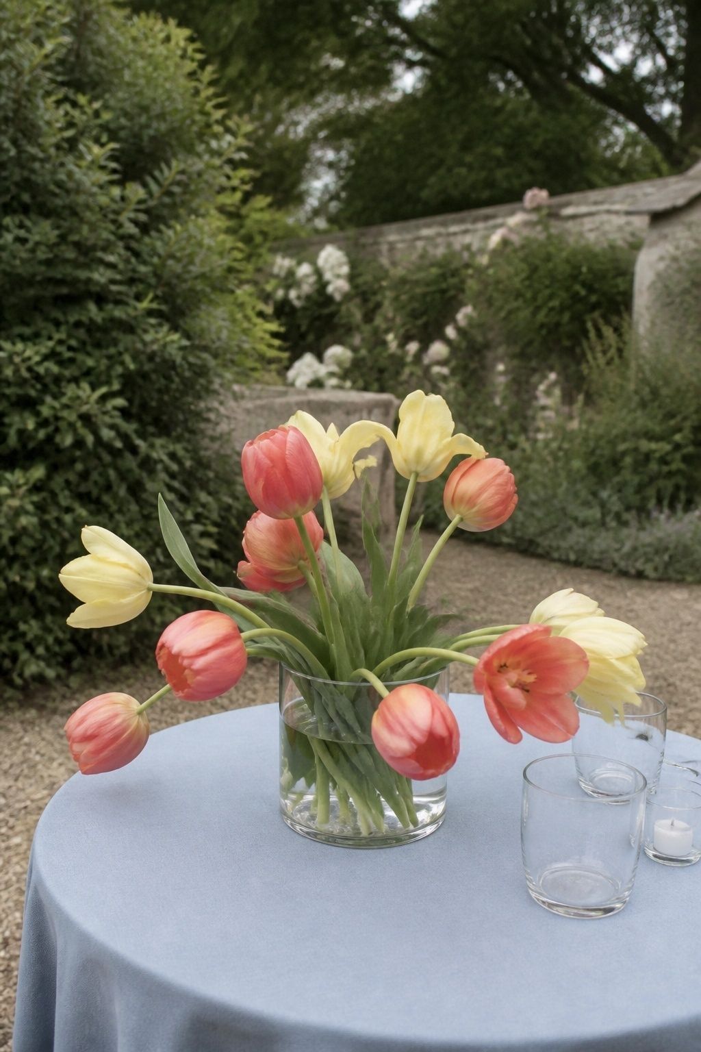 Coral and yellow tulips bending naturally in a clear vase on a blue wedding cocktail table.