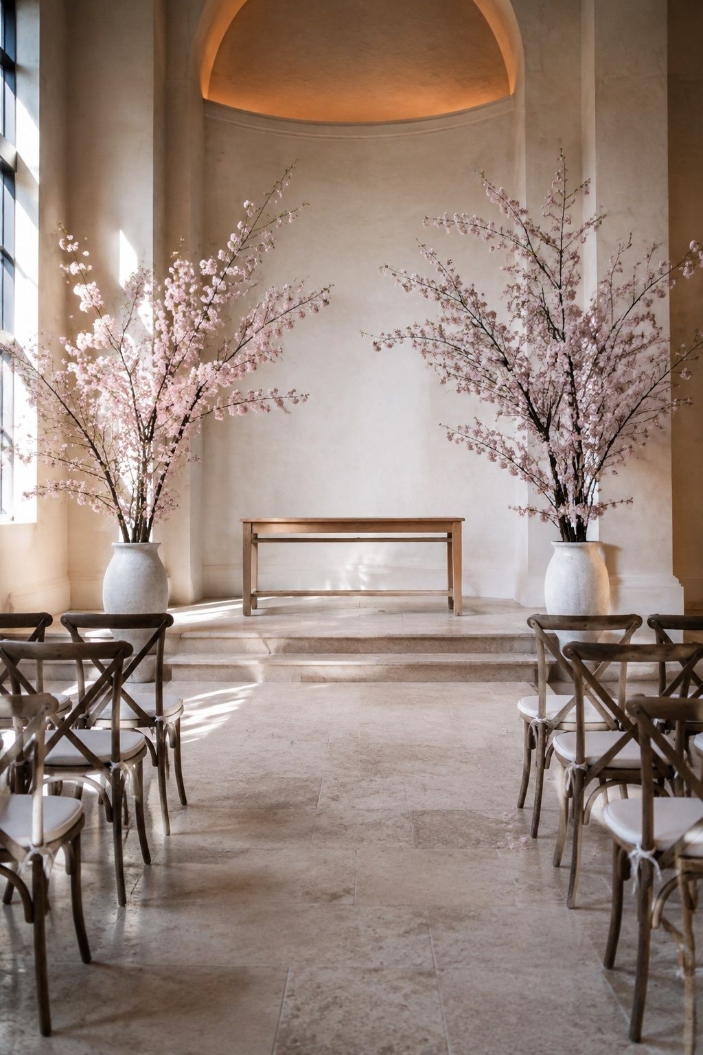 Airy cherry blossom branches in two urns beside an intimate wedding altar.