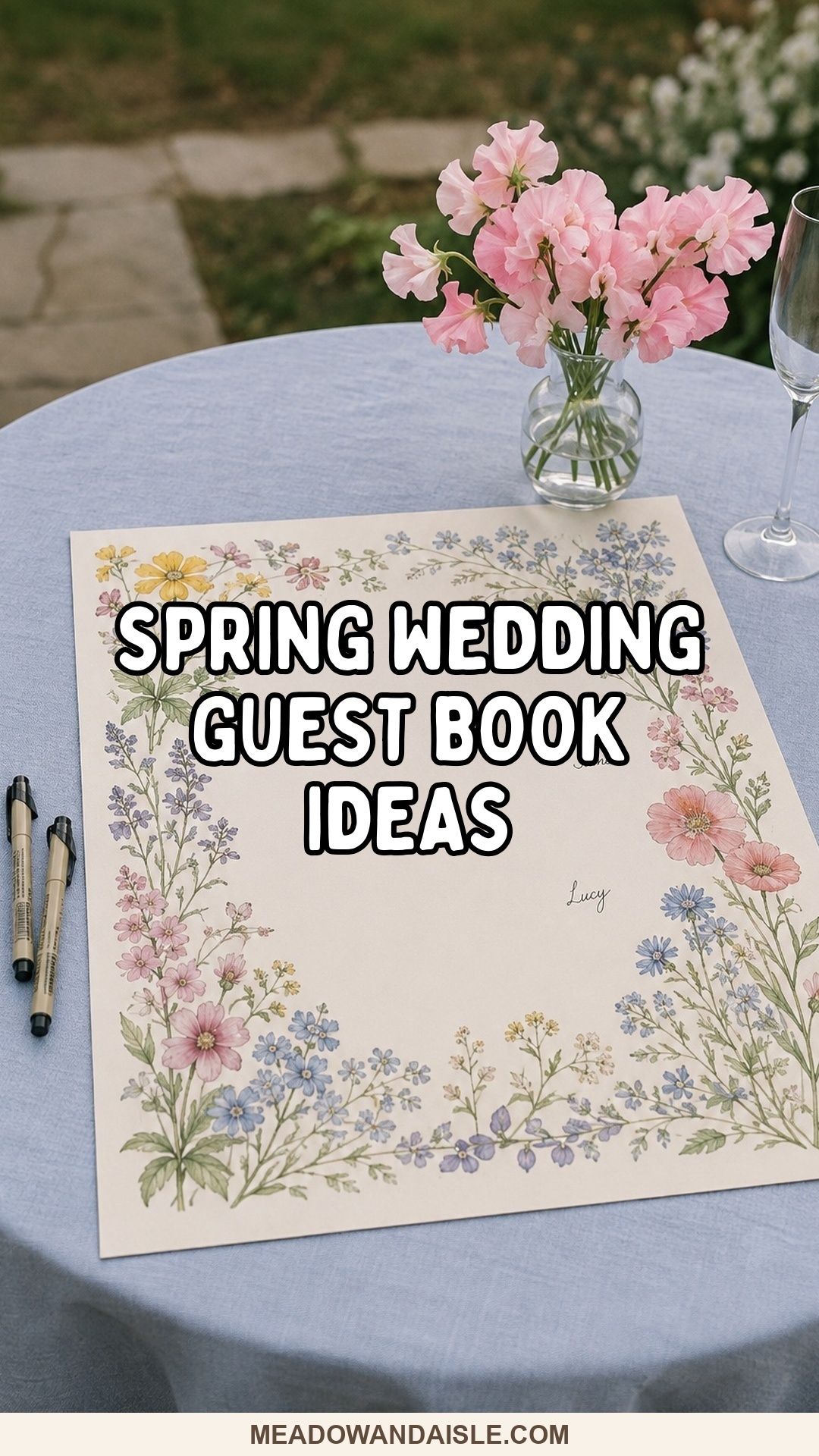 Pinterest pin with the title Spring Wedding Guest Book Ideas and a floral print