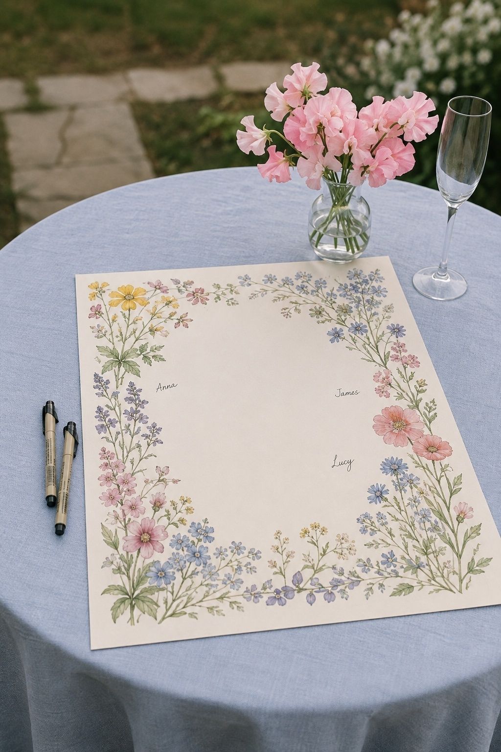 Floral signing print with guest names, sweet peas and archival pens