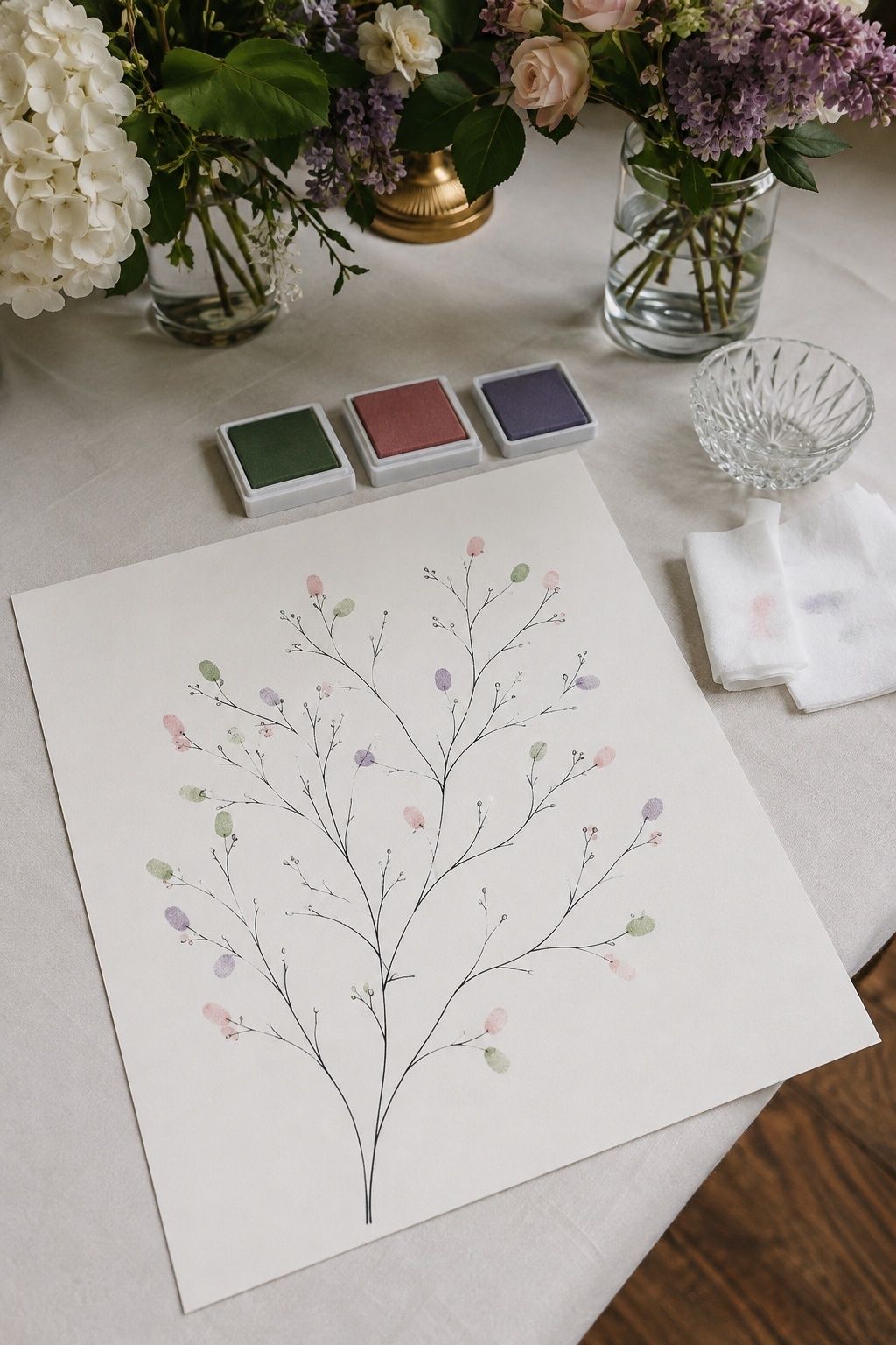Pastel fingerprint blooms on guest book artwork with ink pads