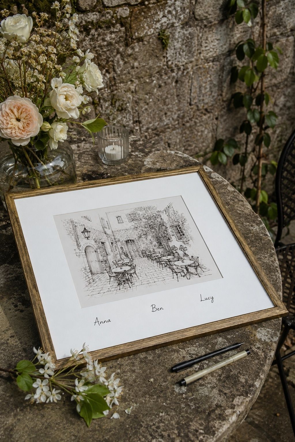 Courtyard venue sketch with guest signatures on a wide mat