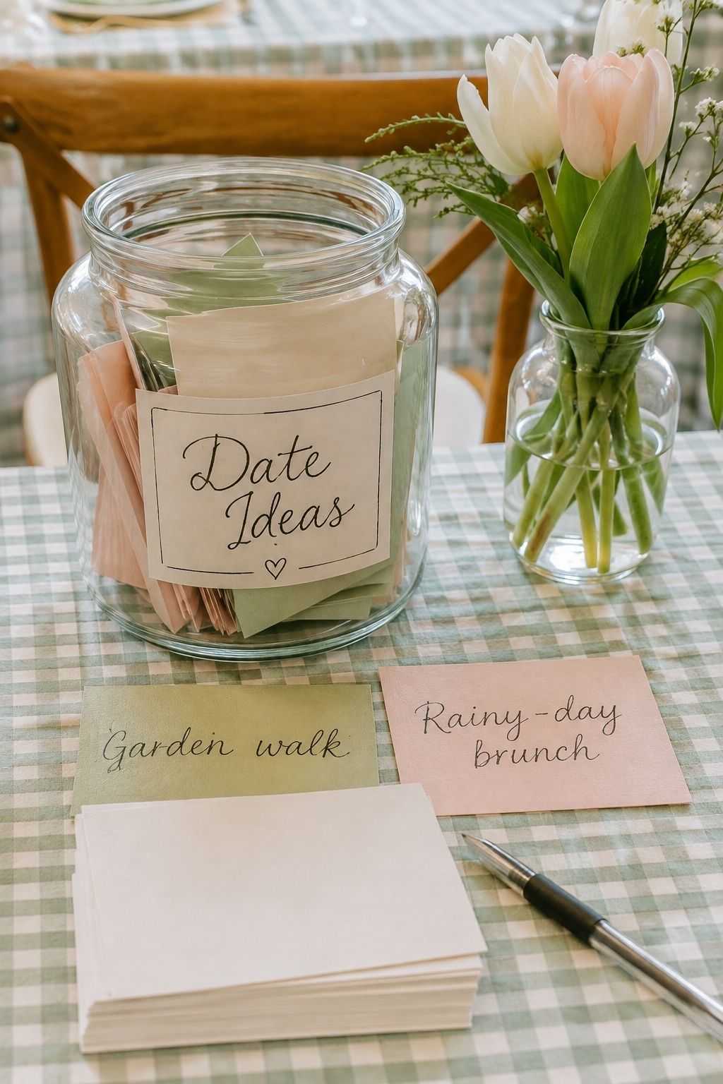 Date idea jar with garden walk and rainy-day brunch cards