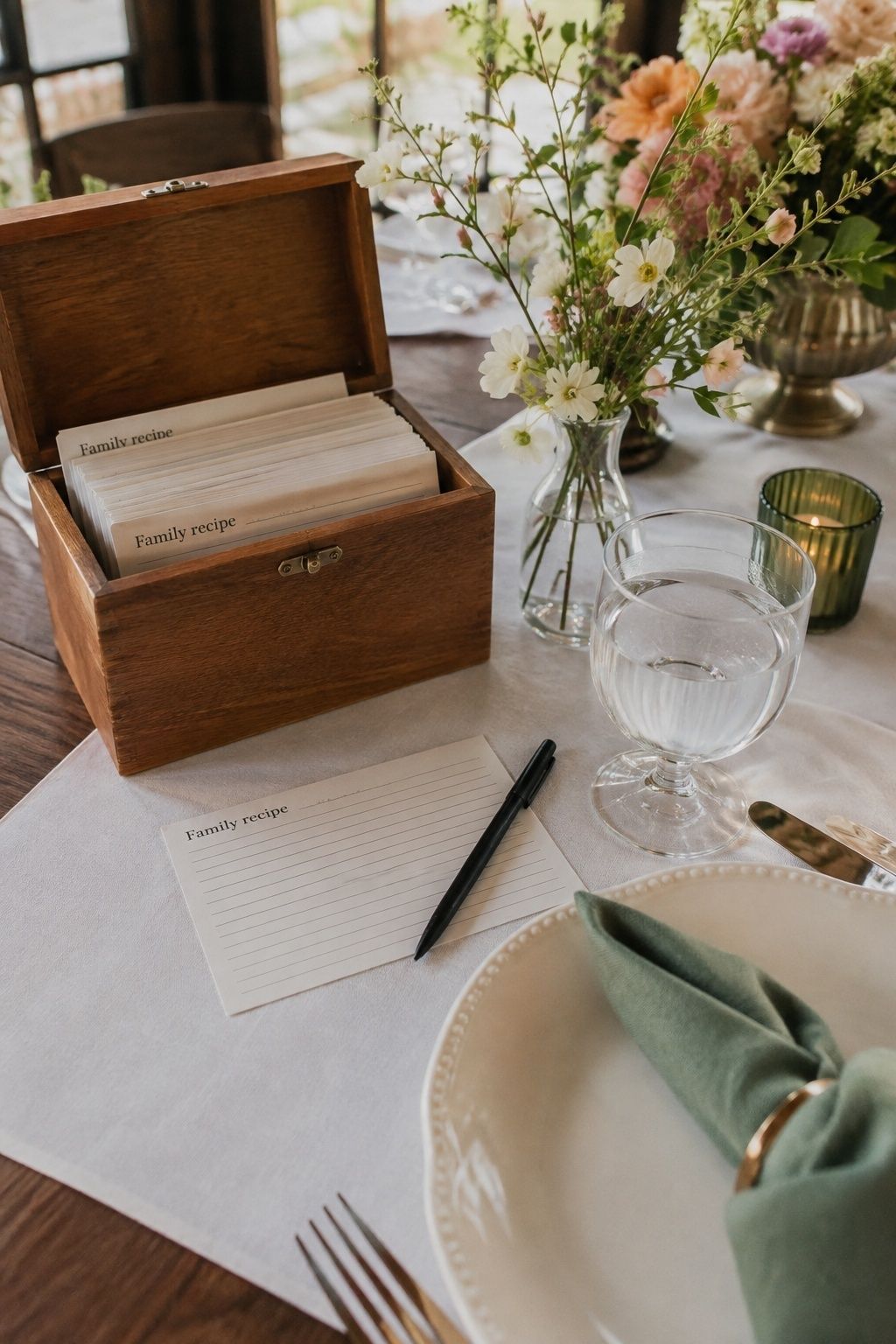 Recipe cards and wooden recipe box at a spring dinner reception