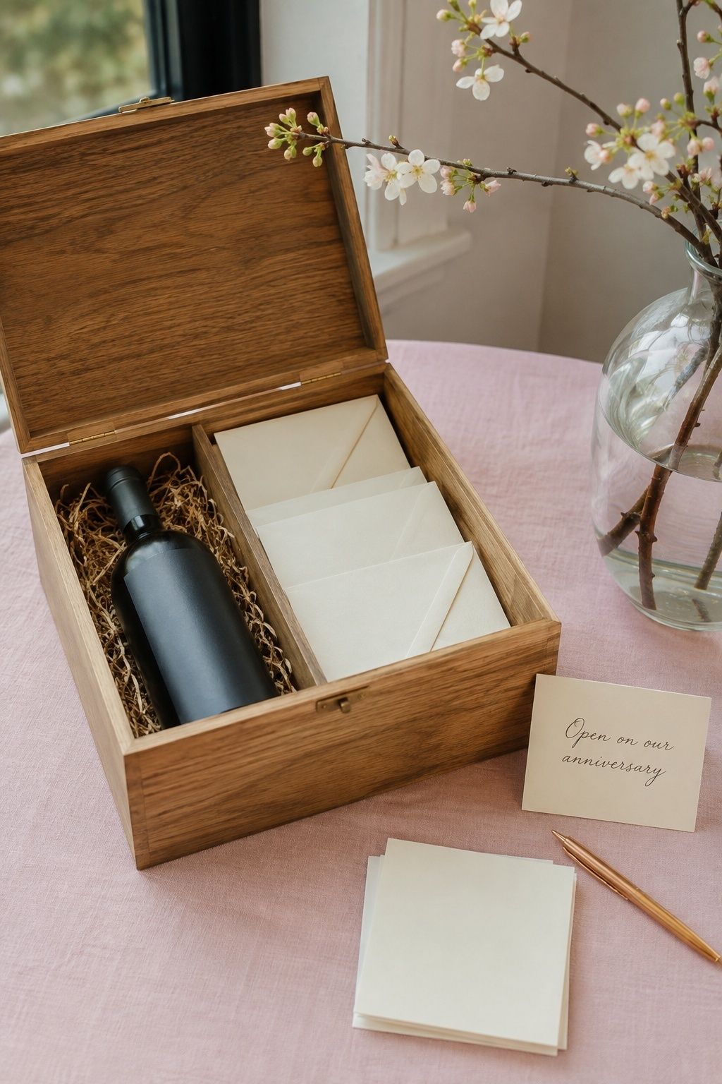 Anniversary wine box with envelopes and writing cards