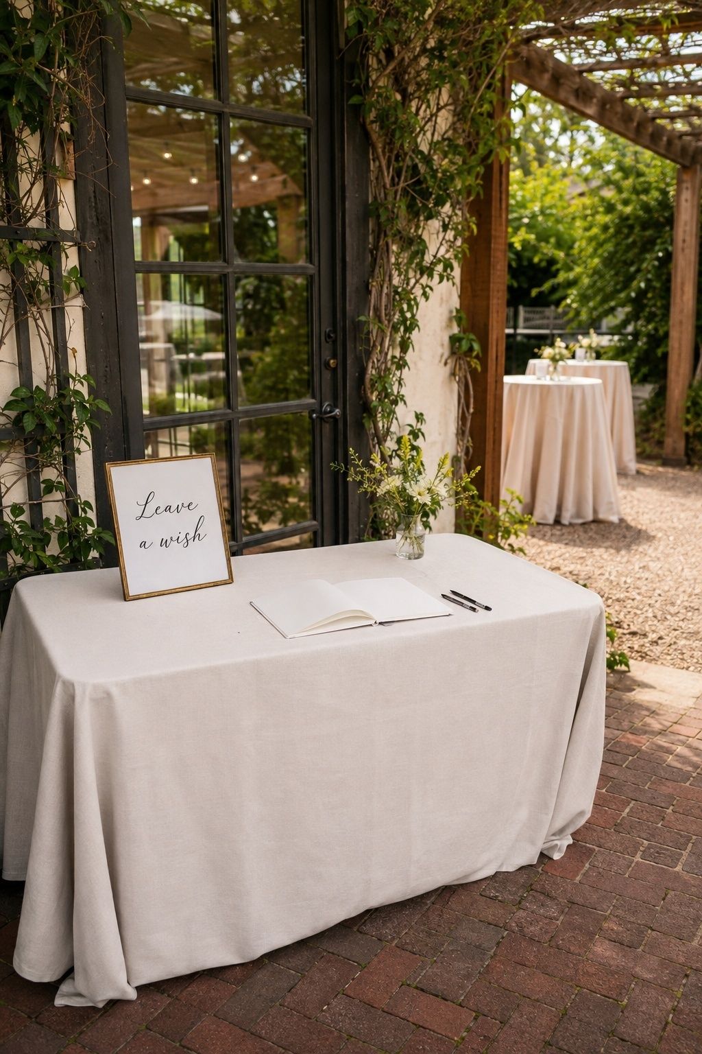 Spacious guest book station beside a garden cocktail area