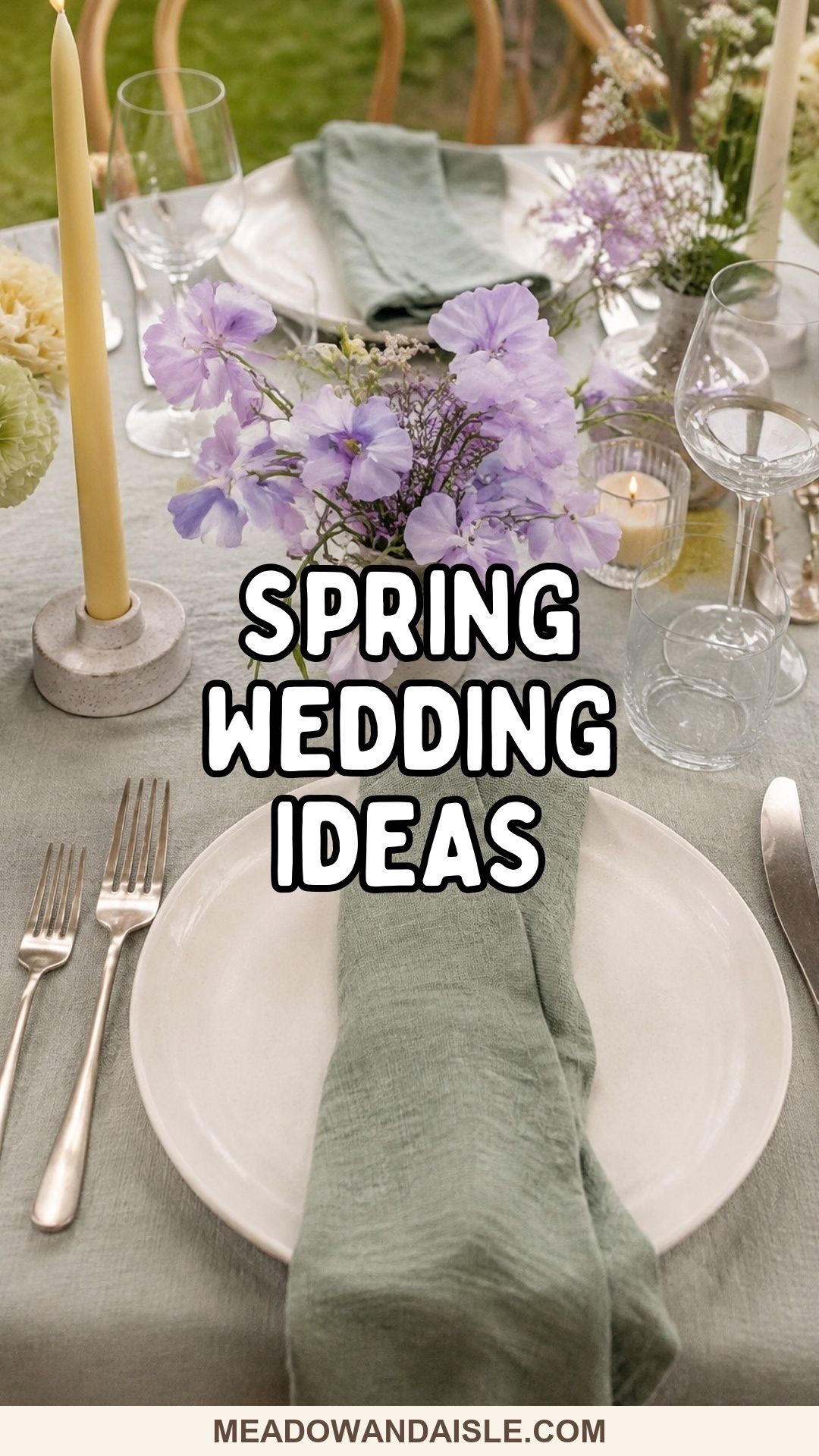 Spring Wedding Ideas pin with sage, buttercream and lavender wedding table details