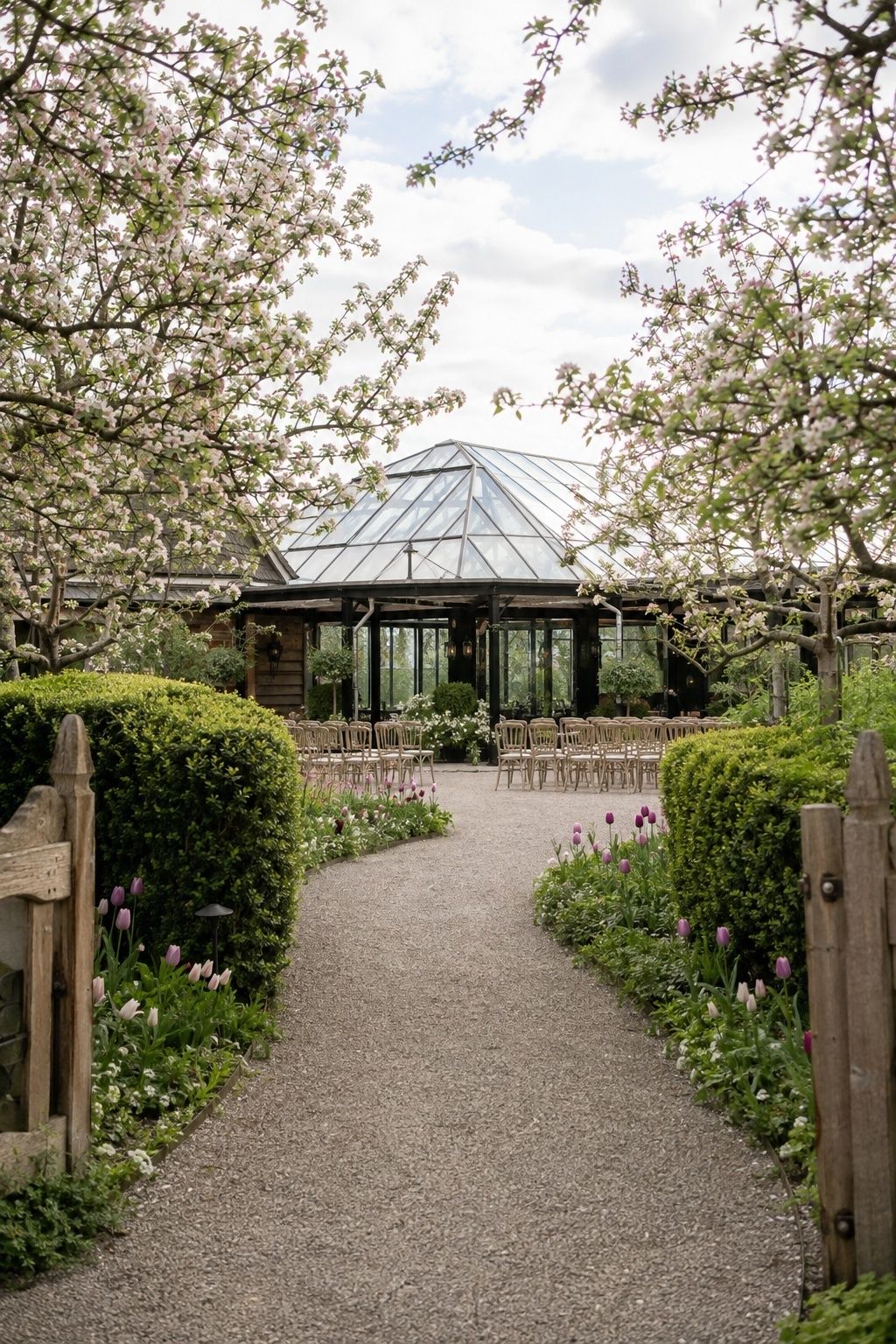 Blooming garden path leading to an intimate greenhouse wedding venue