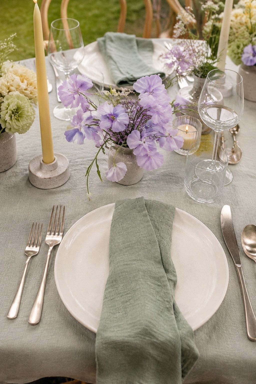 Sage napkin, buttercream plate and lavender flowers at a spring place setting