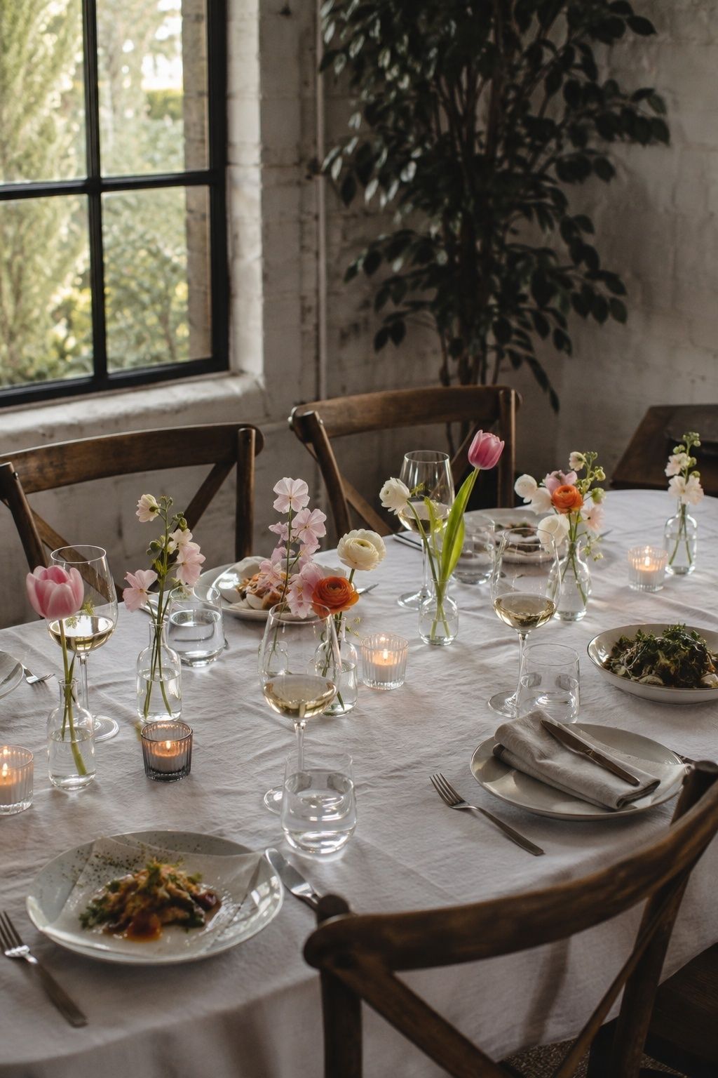 Single spring stems in small glass bud vases along a dinner table