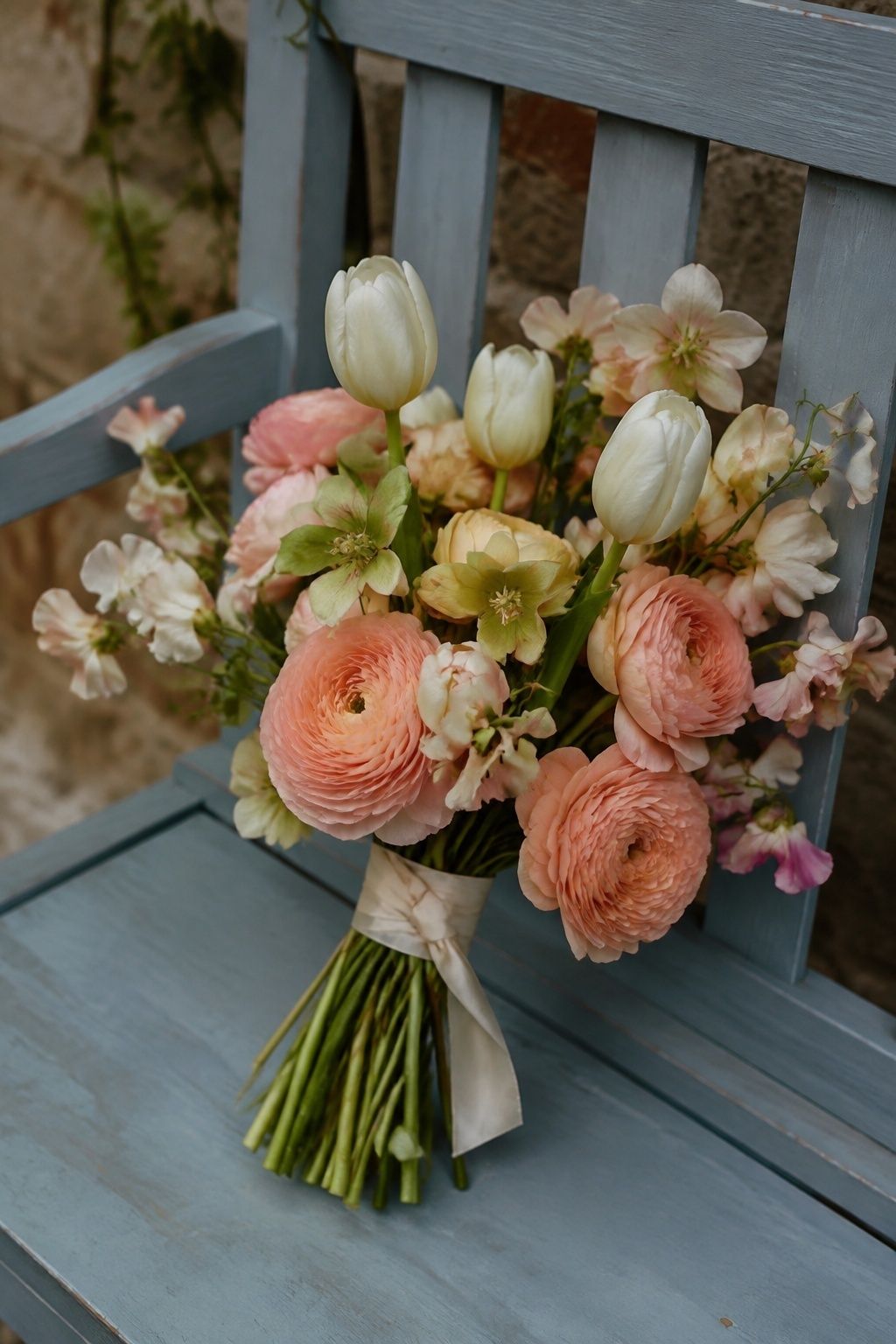 Peach ranunculus and ivory tulip bridal bouquet on a blue bench