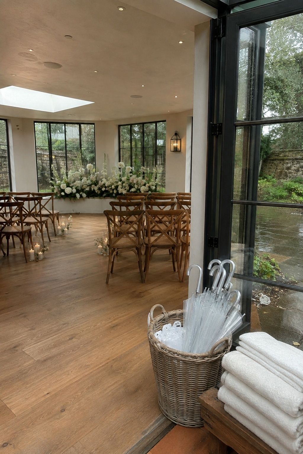 Dry indoor ceremony space with clear umbrellas beside rain-streaked garden doors