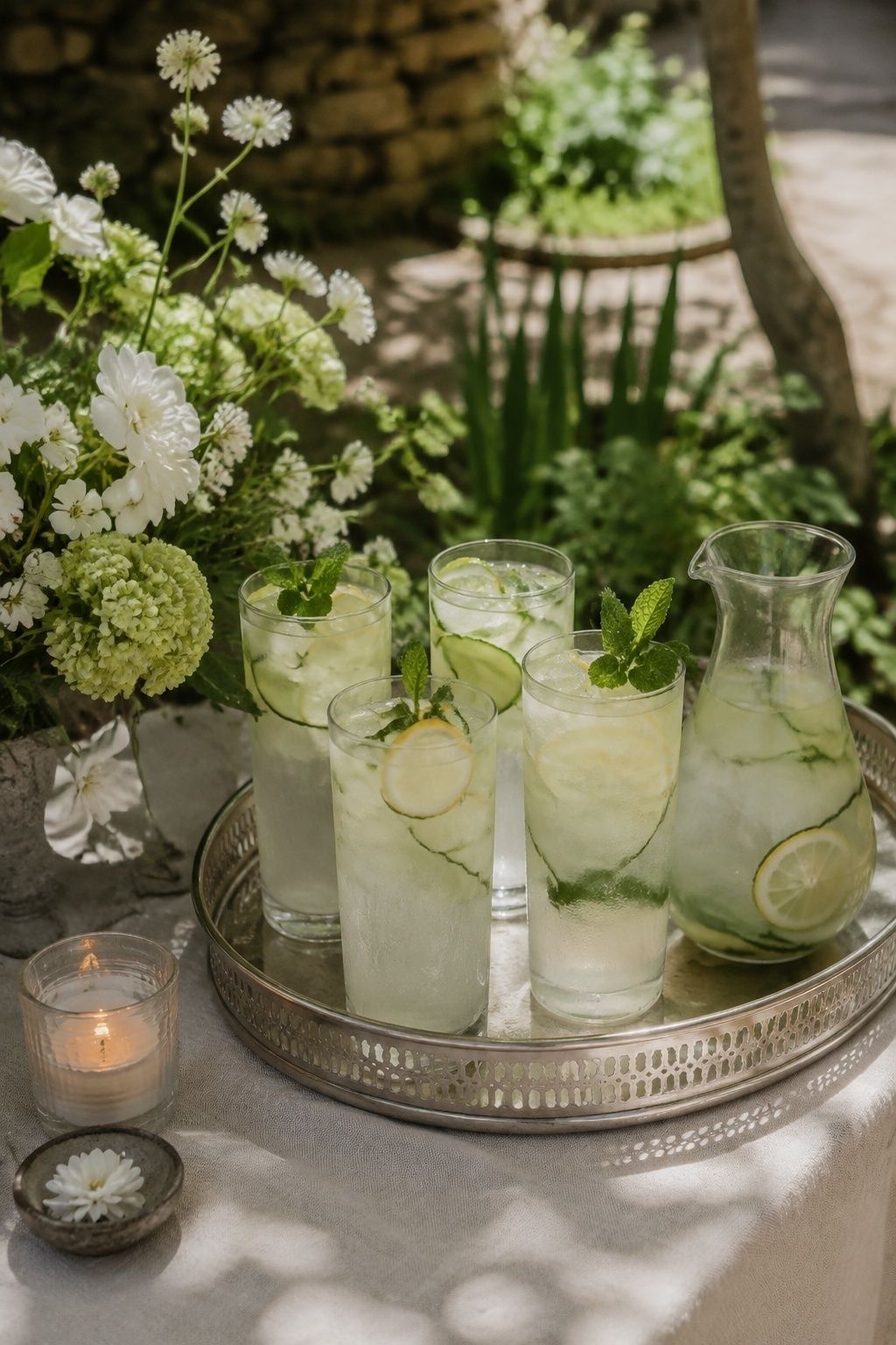 Cucumber lemonade with mint at a garden wedding welcome table