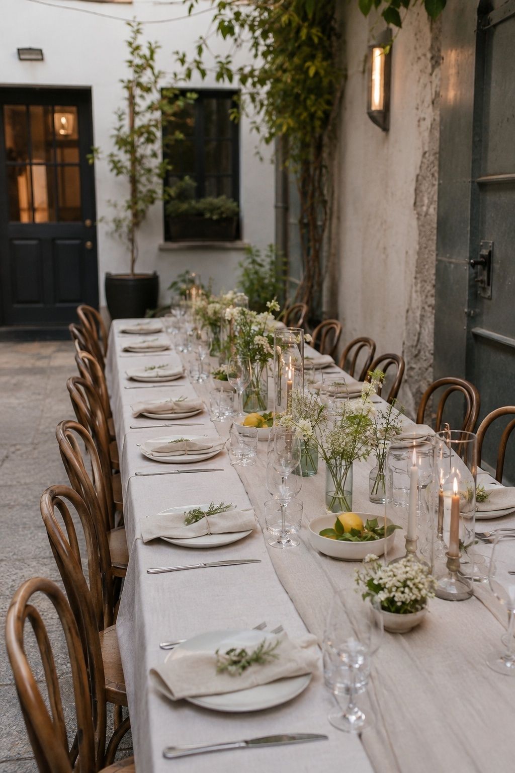 One long courtyard wedding table with low flowers and candle hurricanes