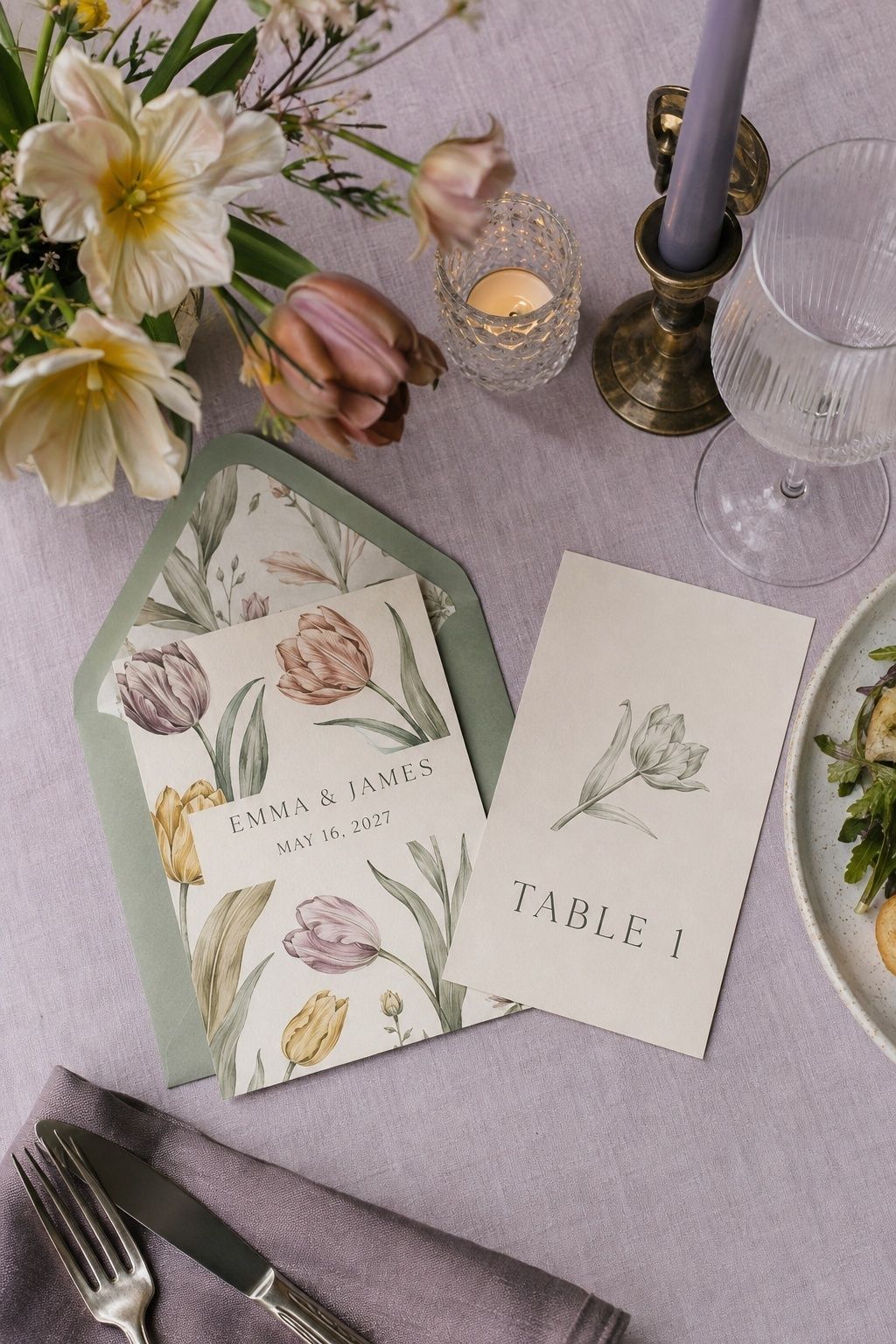 Botanical tulip invitation and a simpler matching table-number card