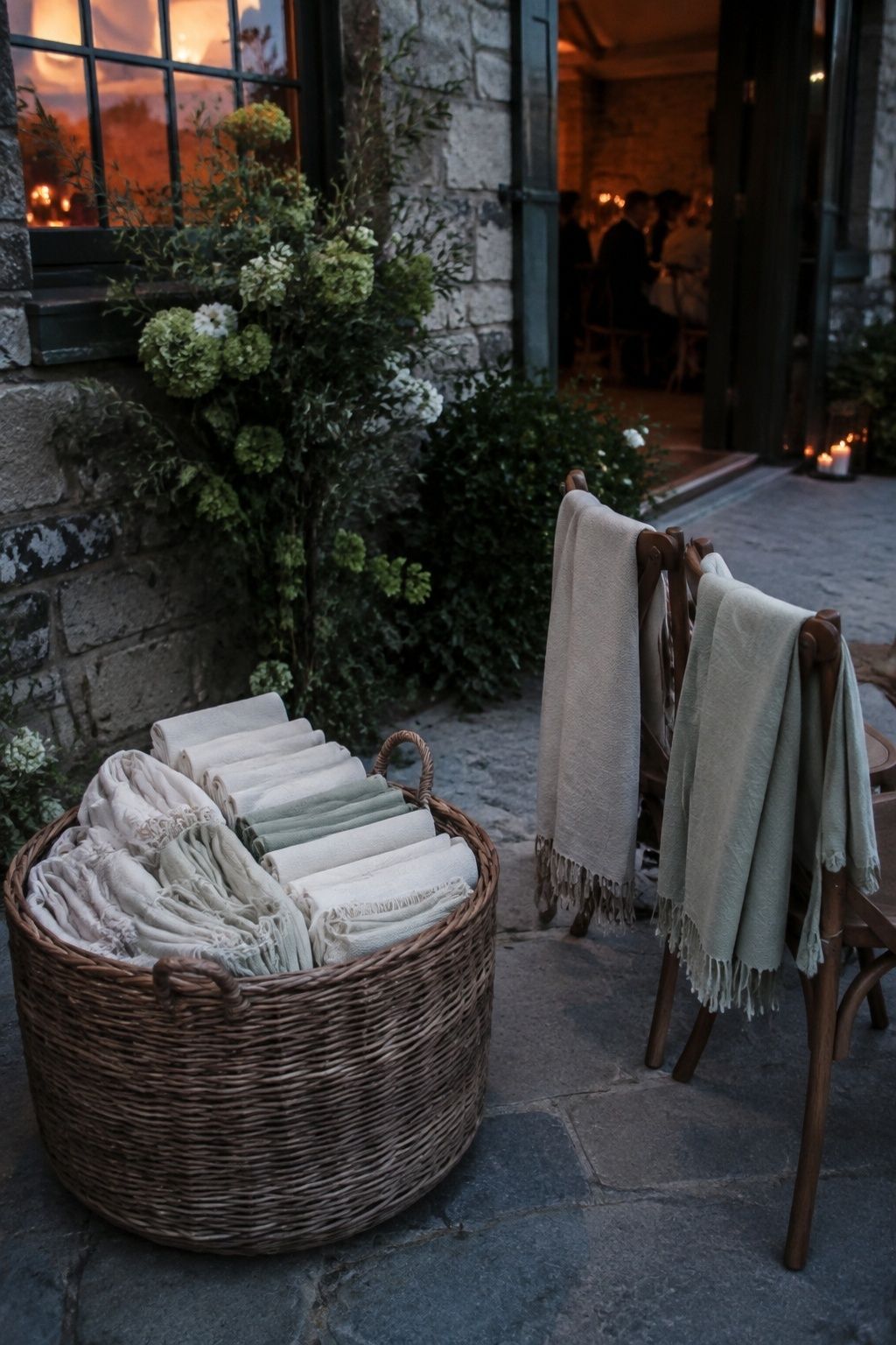 Ivory and sage guest wraps in a basket beside reception chairs