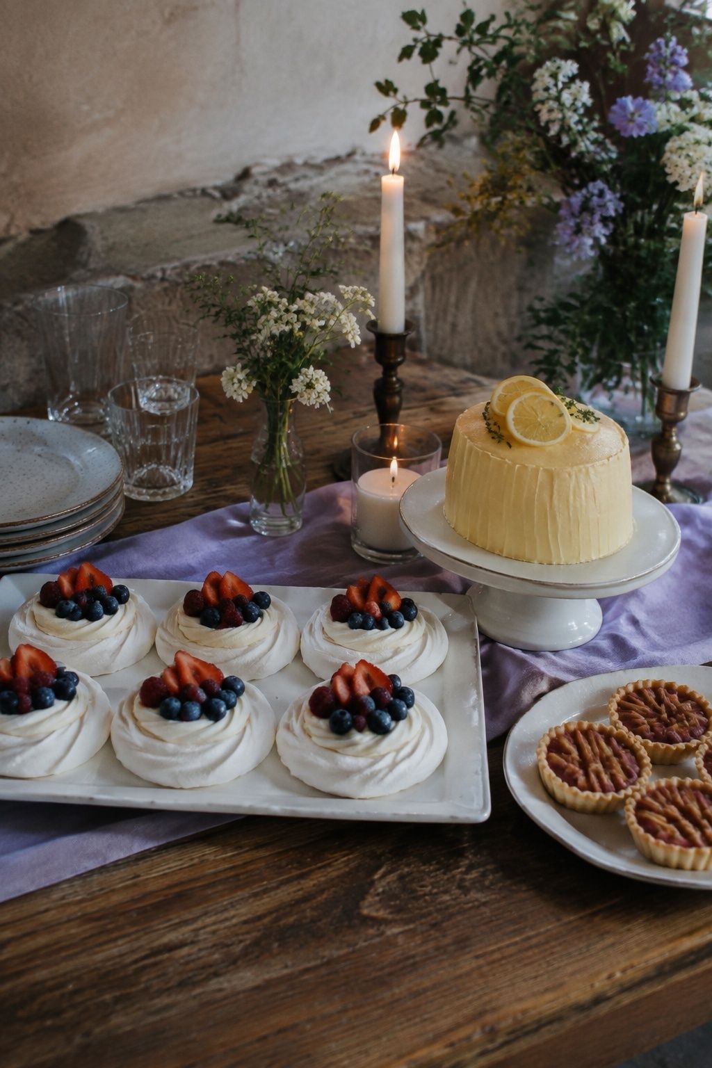 Lemon cake, berry pavlovas and rhubarb tarts on a spring dessert table