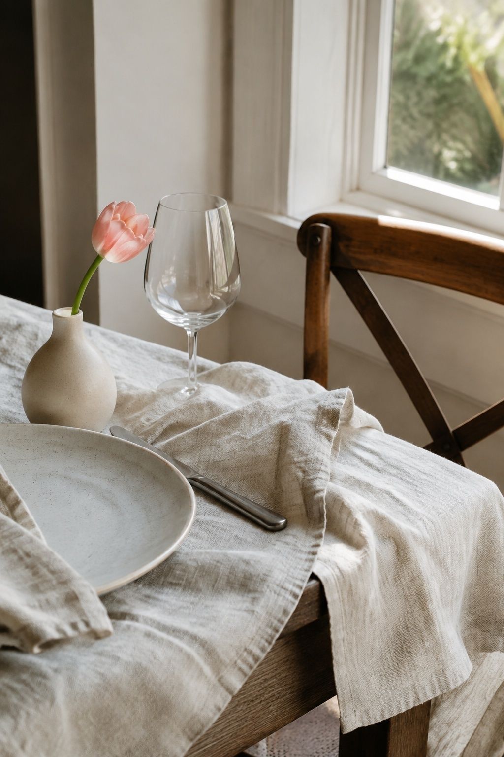 Washed linen, clear glass and handmade ceramic wedding table details