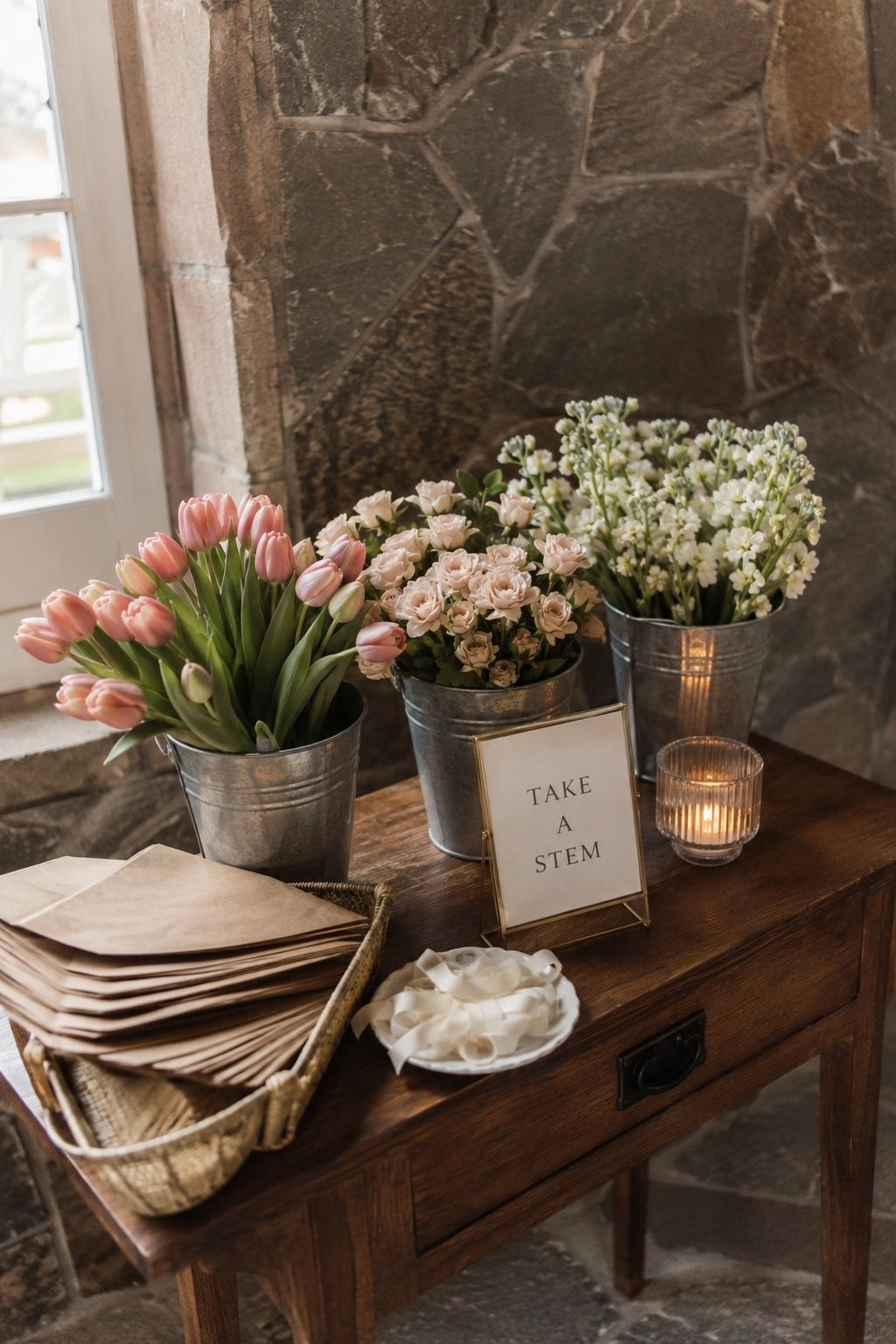 Take-home flower station with tulips, stock, paper sleeves and ribbon