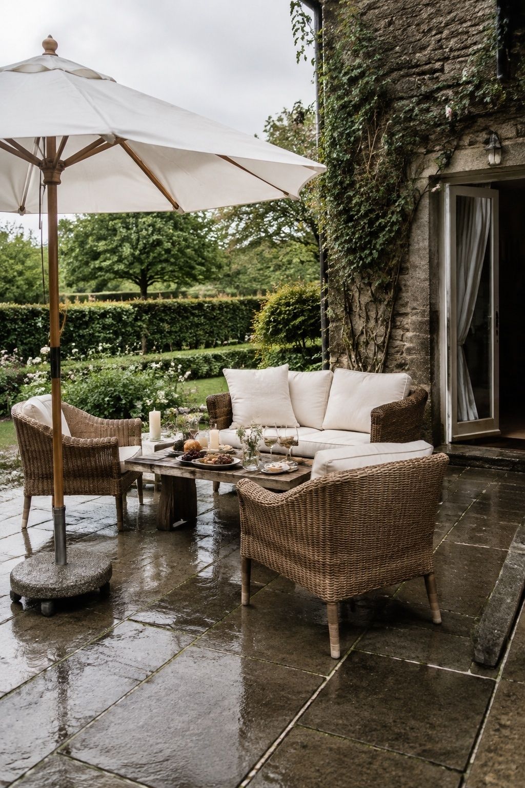 Wicker wedding lounge on firm paving with a weighted patio umbrella