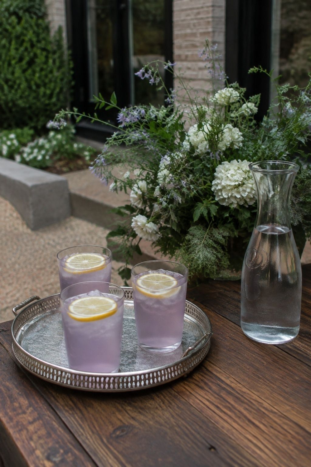 Three lavender lemonades with lemon slices on a small silver welcome tray beside a separate water carafe at a garden wedding entrance