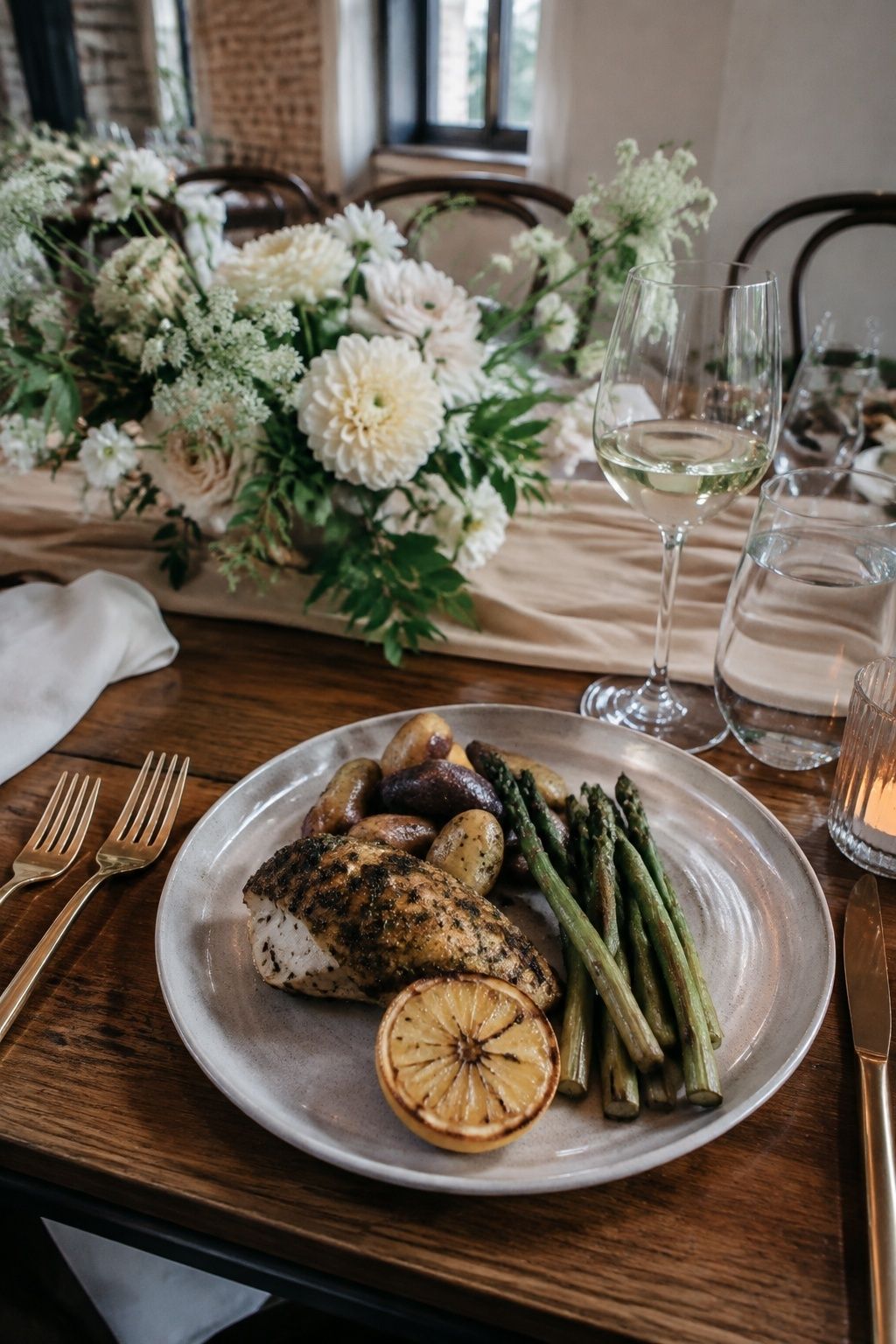 Single plated herb roasted chicken breast with lemon