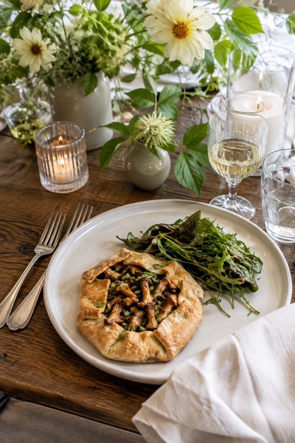 Individual golden mushroom and leek galette on a cream plate with dressed tender greens at a wedding dinner