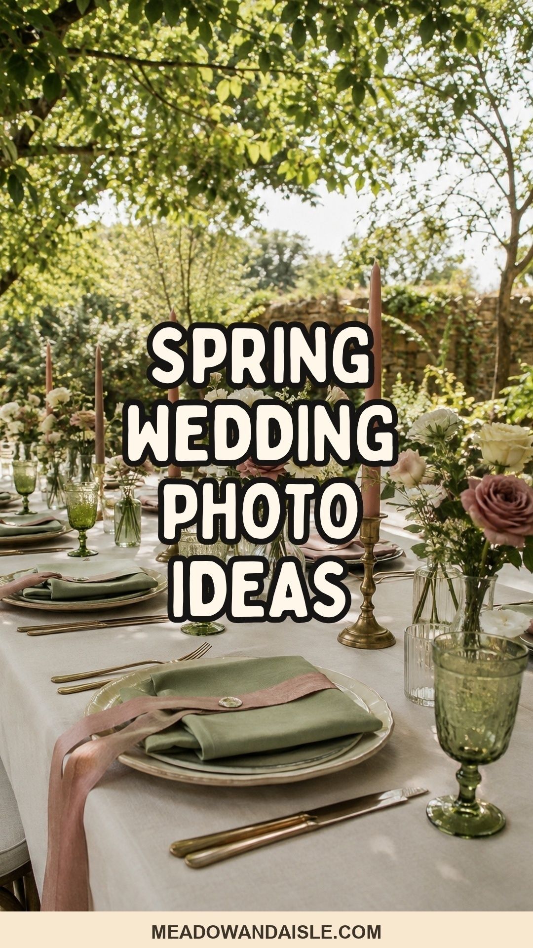 Spring wedding photo ideas Pinterest pin with garden reception photo and Meadow and Aisle branding