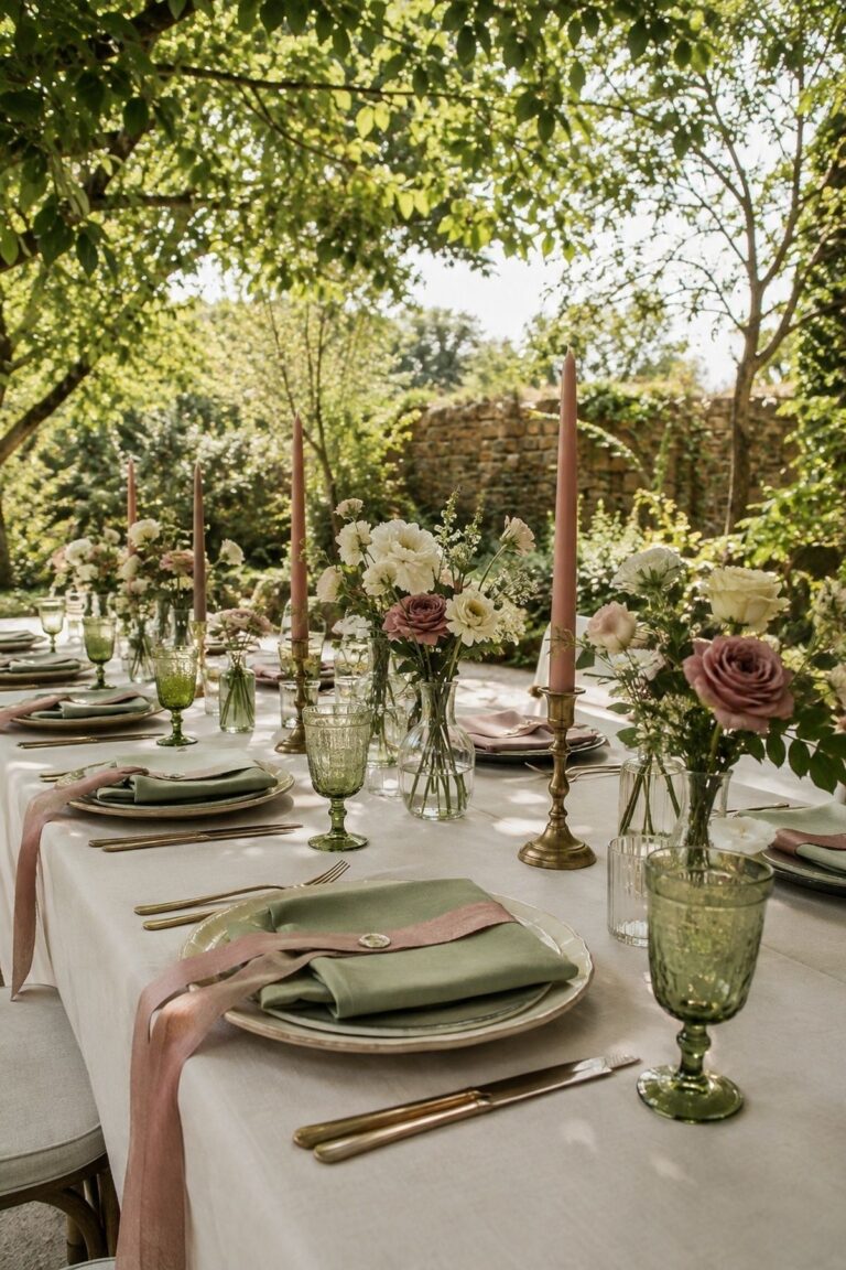 Spring wedding garden-inspired palette with cream linens, sage napkins, brass candlesticks, dusty rose ribbons, and bud vases