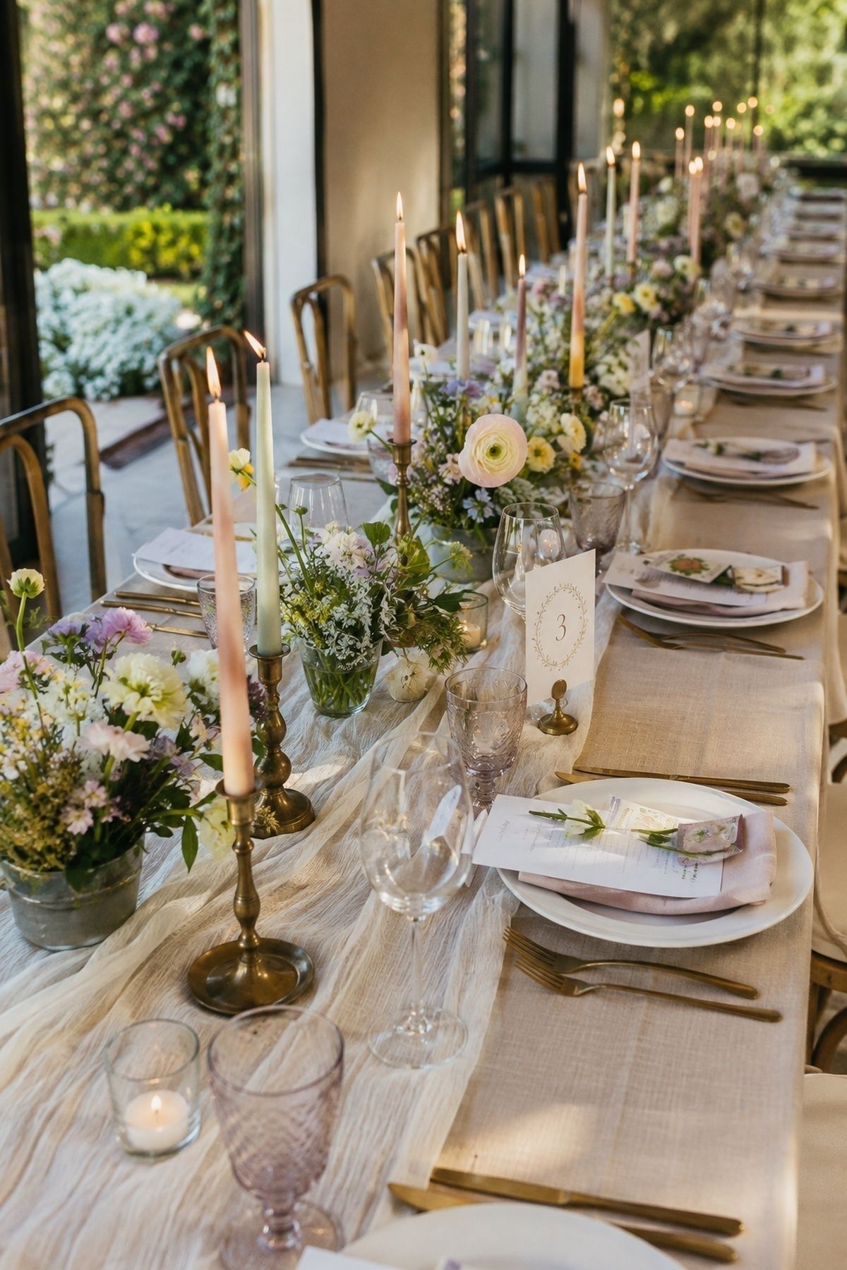 Spring wedding reception decor with linen runner, pastel taper candles, brass holders, low florals, glassware, menus, and seed packet favors