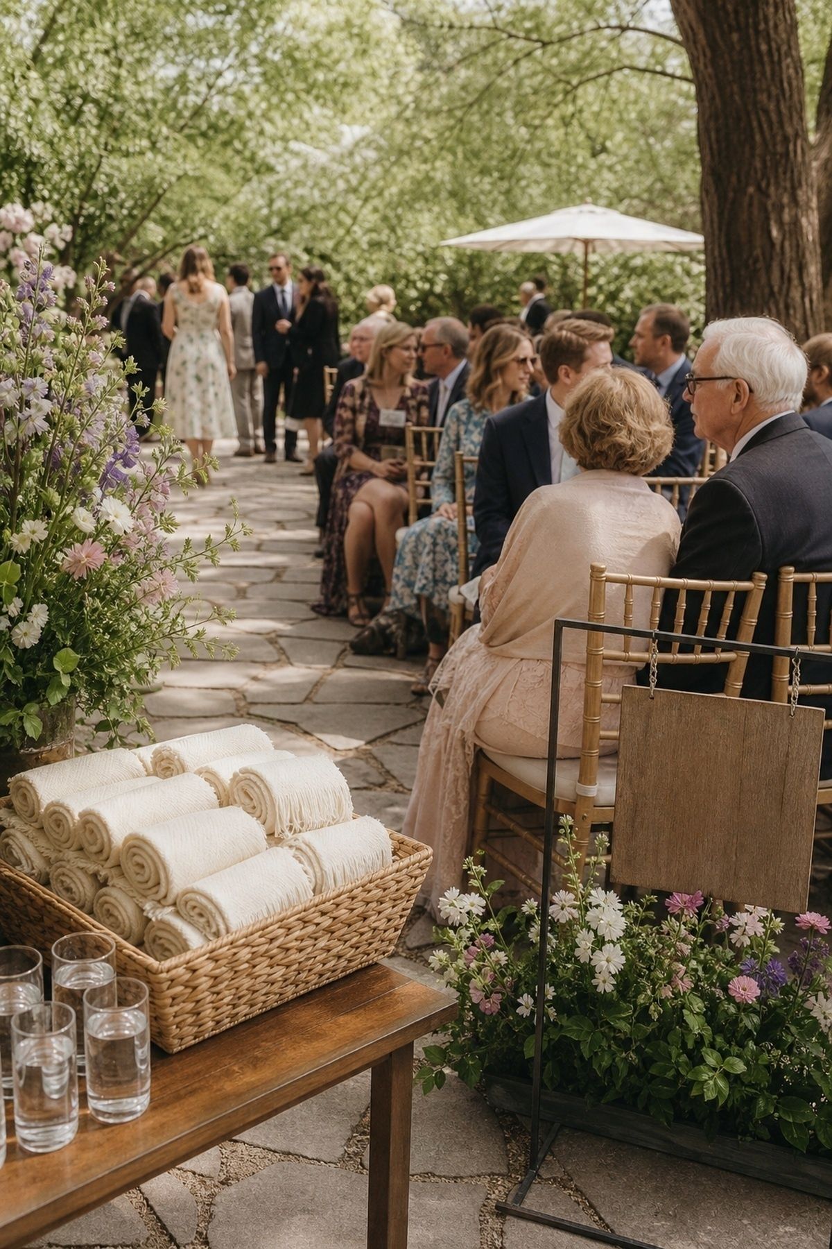Spring wedding guest comfort with shaded ceremony seating, steady stone path, water glasses, wraps, flowers, and relaxed guests