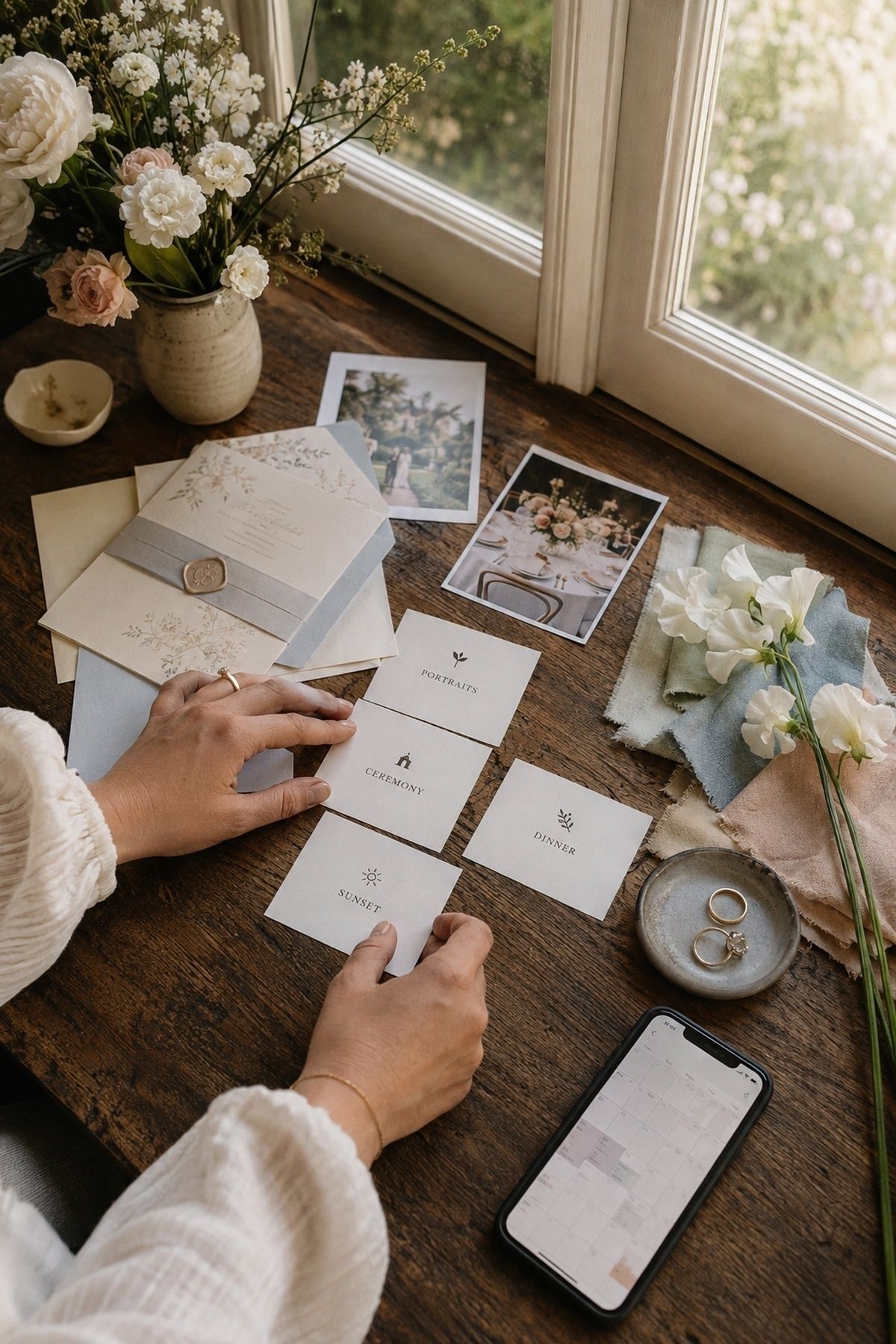 Spring wedding photo list planning table with portrait, ceremony, dinner, and sunset cards, invitation suite, rings, flowers, fabric swatches, and calendar phone