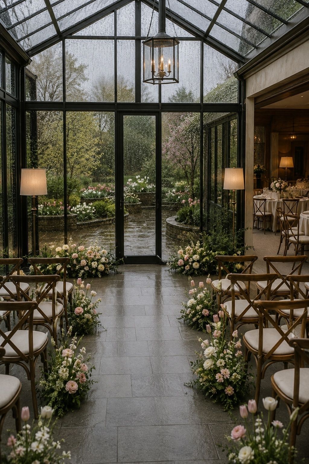 Intimate spring wedding ceremony arranged inside a glass conservatory beside a rain-soaked garden